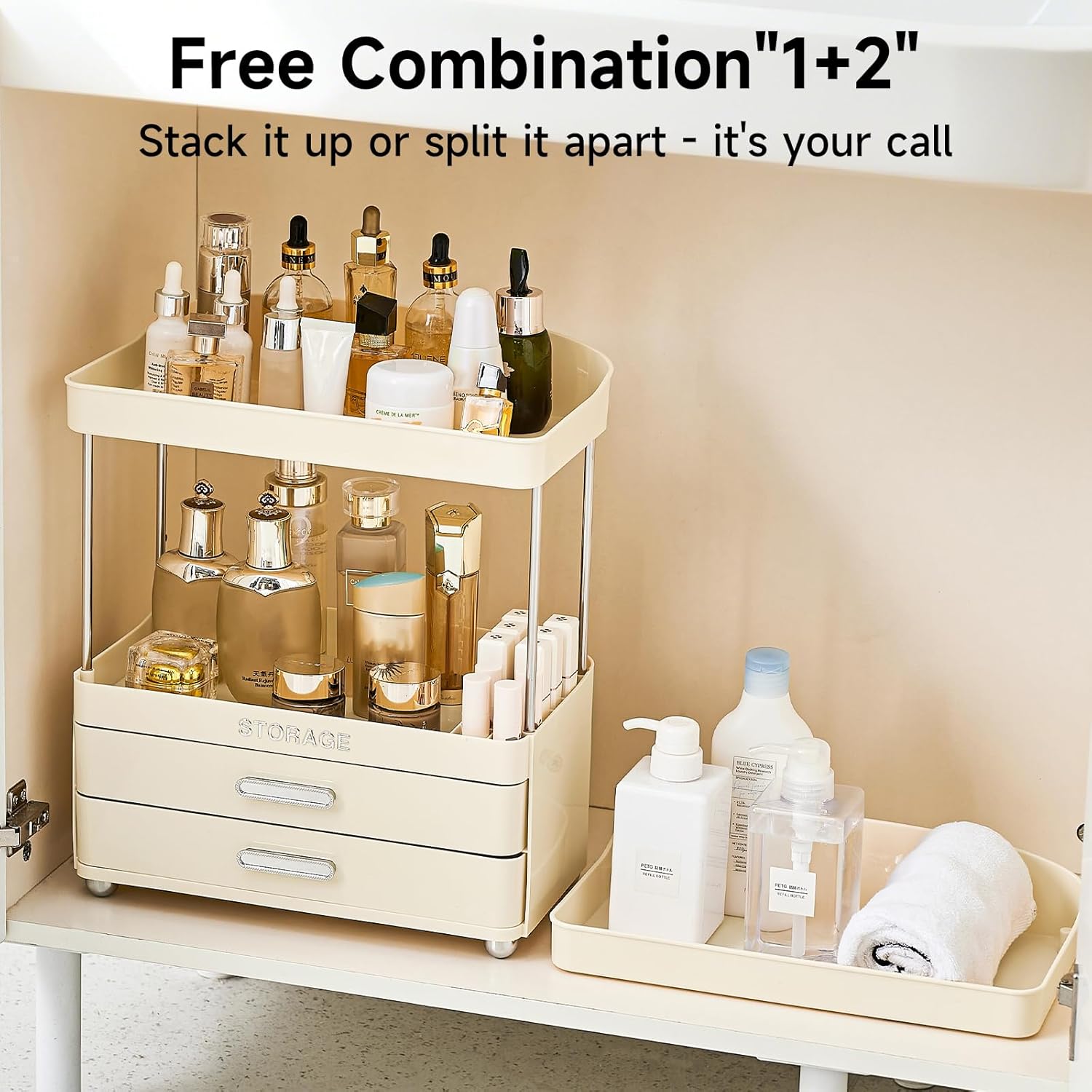 Bathroom Organizers and Storage | 2-Tier 2-Drawer Makeup Organizer Countertop, Easy to Install & Multi-Purpose - Counter & Sink Storage Shelf for Vanity, Skincare, Perfume, Present, and More
