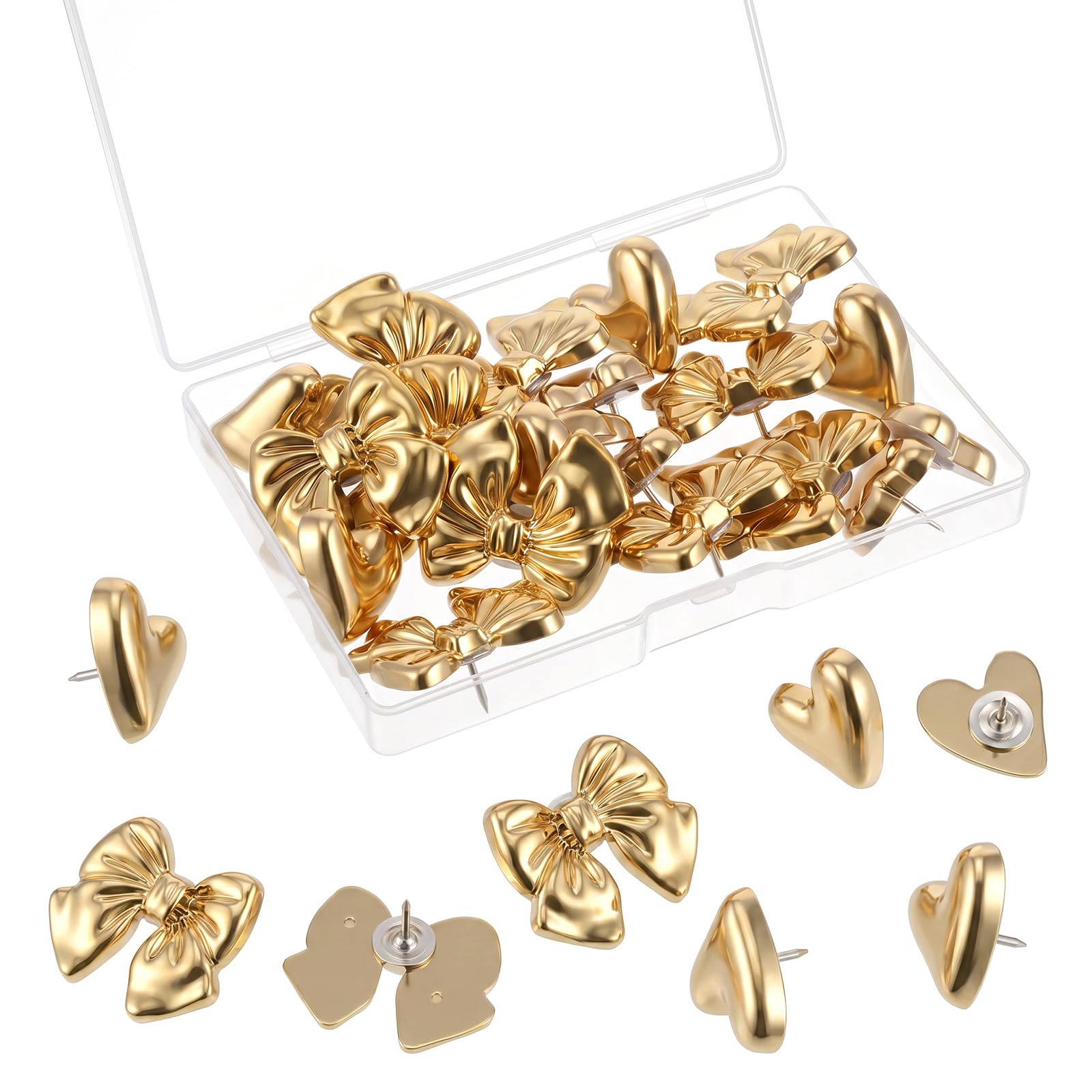 Chsoejuf 20PCS Cute Gold Push Pins Set Bow Heart Metal Thumb Tacks