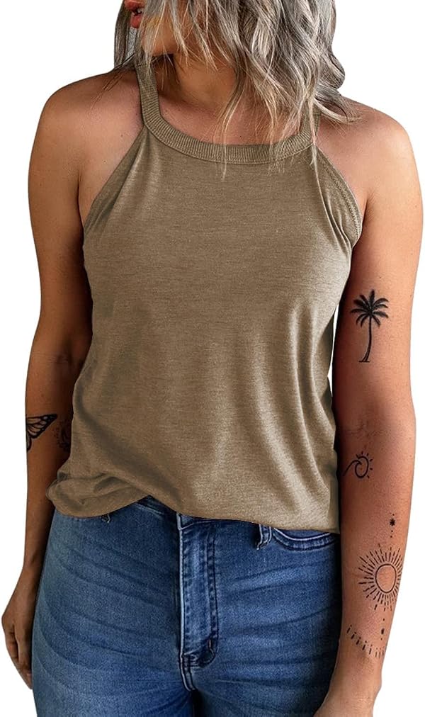 Malliosse Womens Summer Sleeveless High Neck Halter Tank Tops Basic Casual Cami Shirts Tees Khaki by Malliosse - Used condition - US$12.02