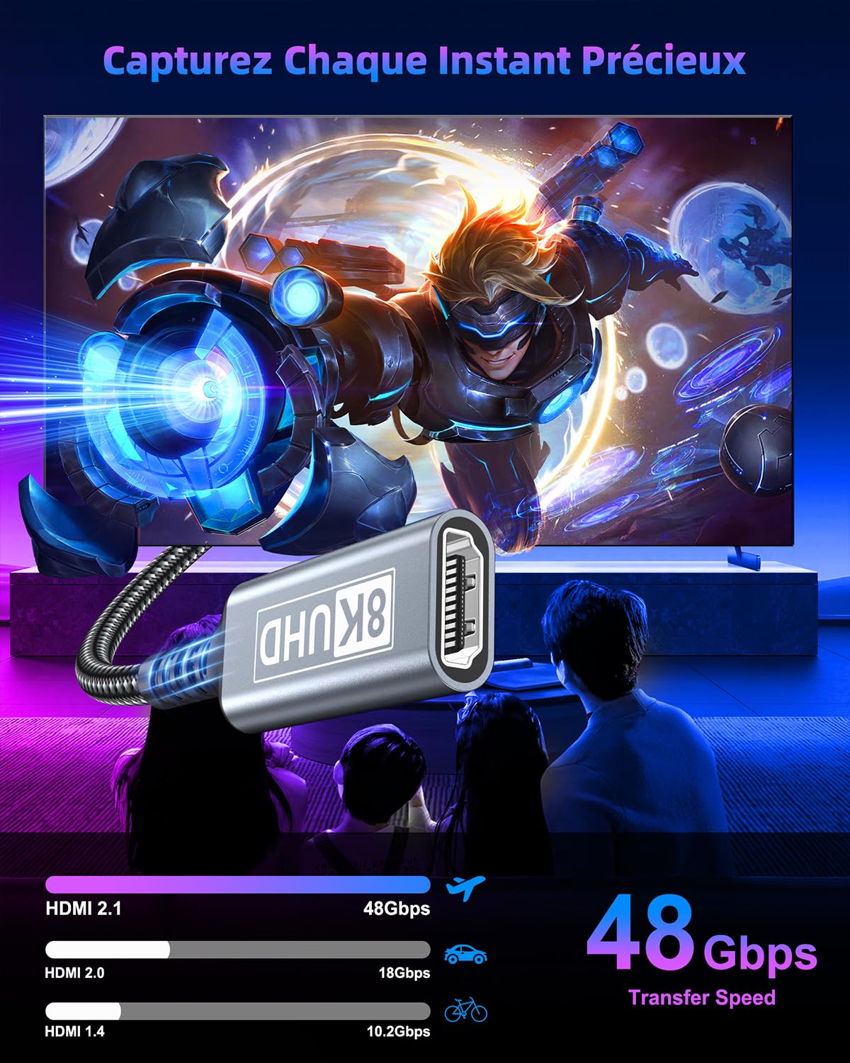 Rallonge HDMI 0.5M Câble, Câble d'extension HDMI 2.1 Mâle vers Femelle 8K@60Hz 4K@120Hz/144Hz 48Gbps, High Speed UHD eARC HDCP 2.3, Compatible avec TV Stick, HDTV, PS5/PS4