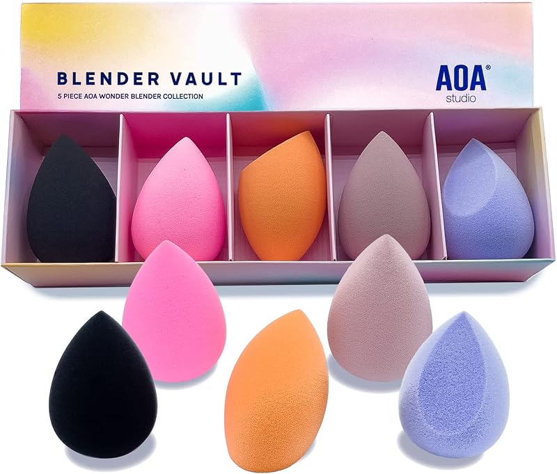 AOA Studio Beauty Makeup Sponge Blender Multiple Combo Set for Gift Makeup Blender Latex Free and High Definition set of 5 For Powder Cream and Liquid