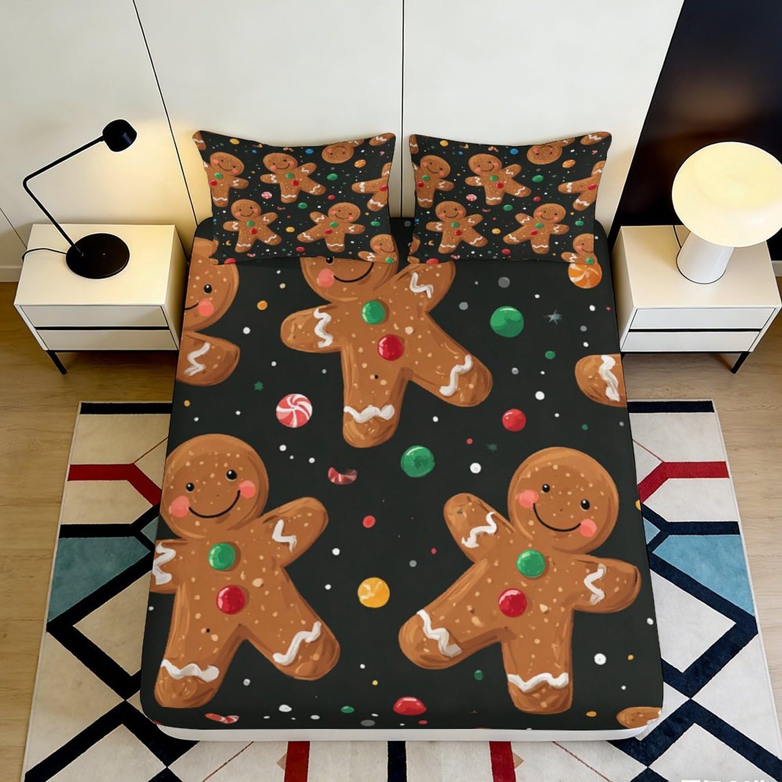 3D Printed Gingerbread Cookie Fitted Sheet Microfiber Non-Slip Christmas Candy Bed Cover for Bedroom Guestroom Easy Care 90x200x25cm