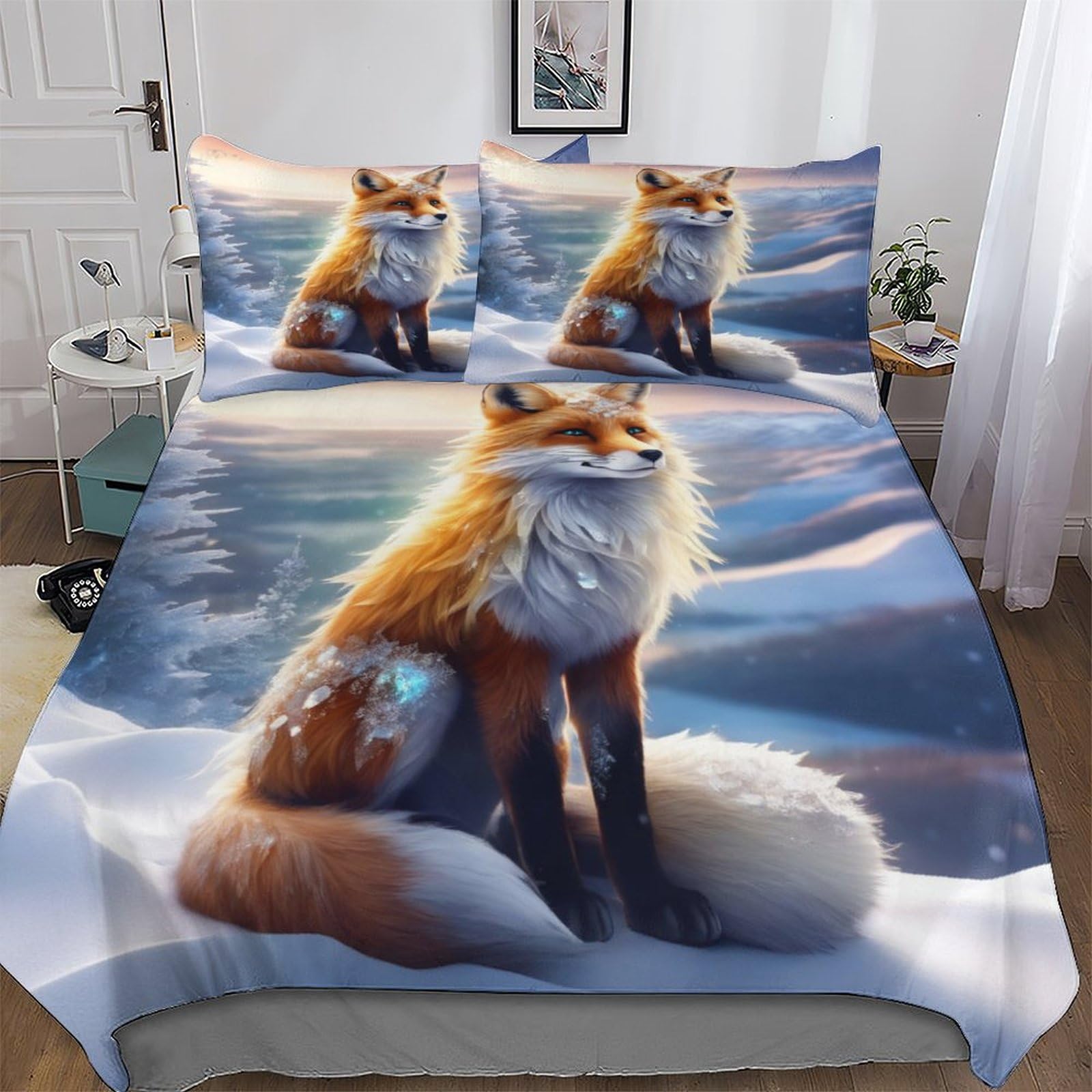 Parure de lit renard 3D avec housse de couette 200x200 cm et deux taies d'oreiller en microfibre
