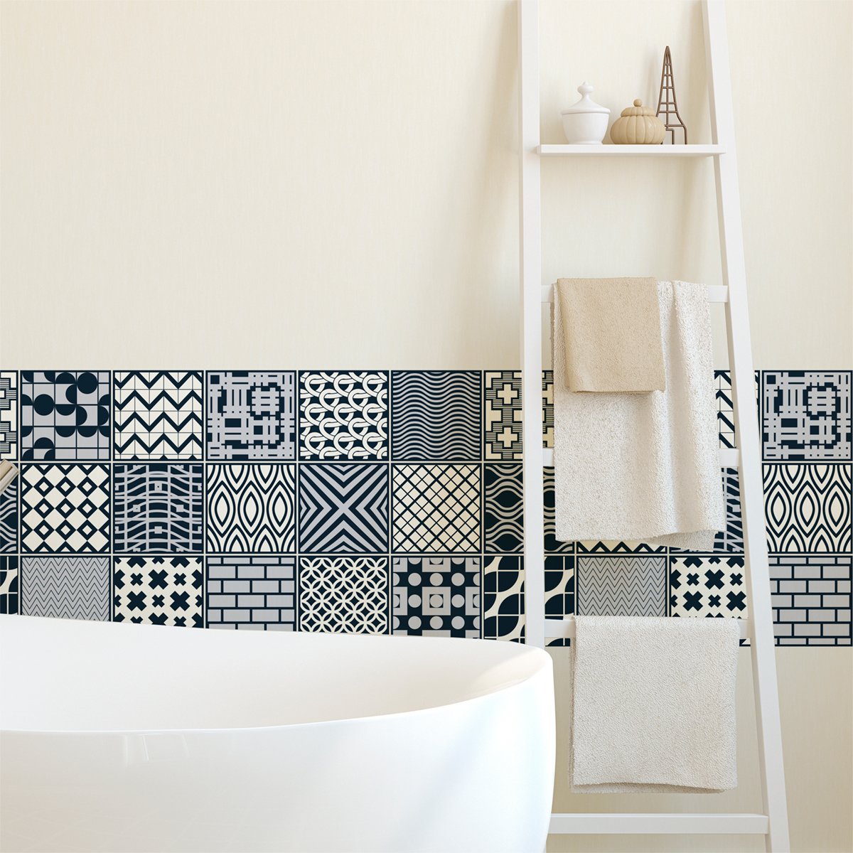 24 Stickers adhésifs carrelages | Sticker Autocollant Carreaux de ciment - Mosaïque carrelage mural salle de bain et cuisine | Carreaux de ciment adhésif mural - azulejos - 20 x 20 cm - 24 pièces