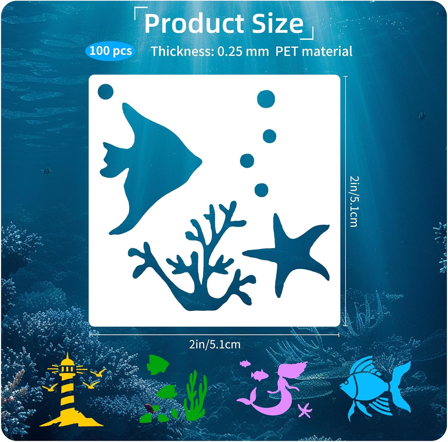 100 Pcs Small Stencils for Painting on Wood 2 x 2 Inches Reusable Stencil Crafts Drawing Templates Holiday Wall Paper for DIY Scrapbook Rock (Ocean)