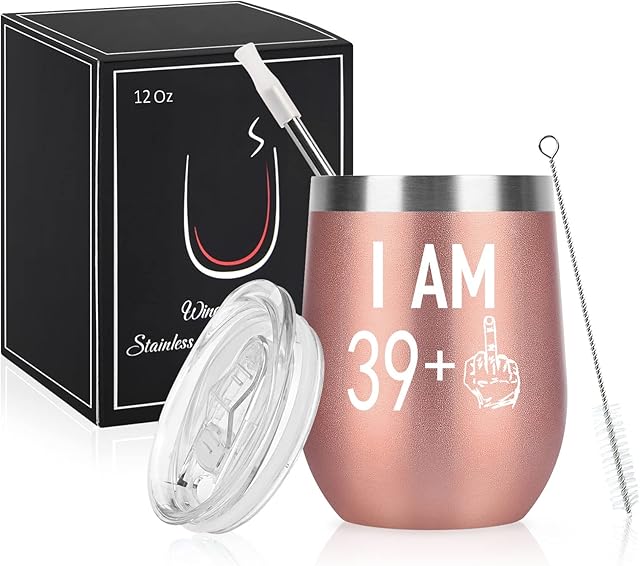 Livole 40th Birthday Gifts for Women, Wine Tumbler 39+1 Pattern, Stainless Steel Double Walled Vacuum Insulated Stemless Wine Glass with Lid and Straw, Gifts for her, Mom, Wife, 12 OZ, Rose Gold