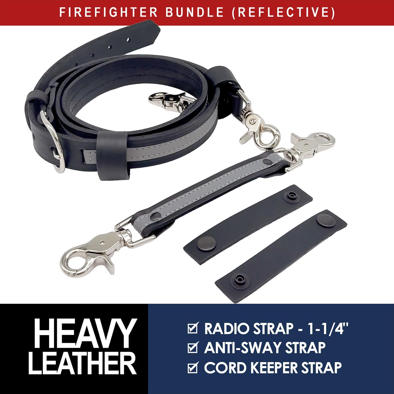 Boston Leather Firefighter's Bundle - Reflective Anti-Sway Radio Strap/Belt, Firefighter's Radio Holder (for Motorola HT750 / HT1250), 2 Cord Keepers (5473-RC-1)