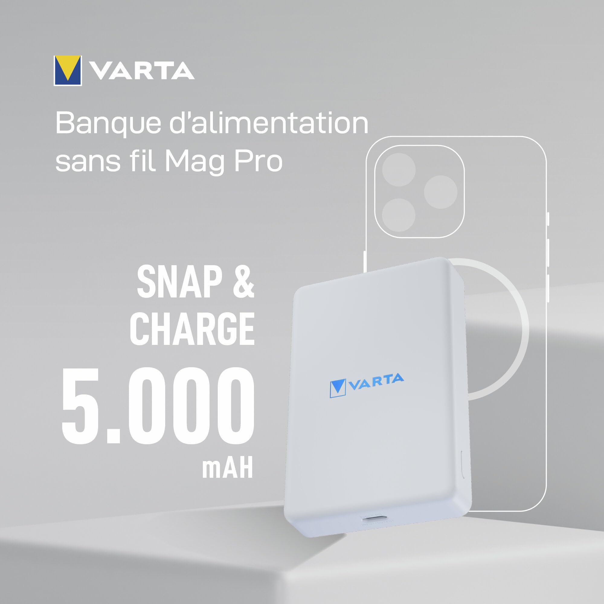 VARTA Power Bank 5000 mAh, Mag Pro, magnétique, sans Fil, Coloris Blanc