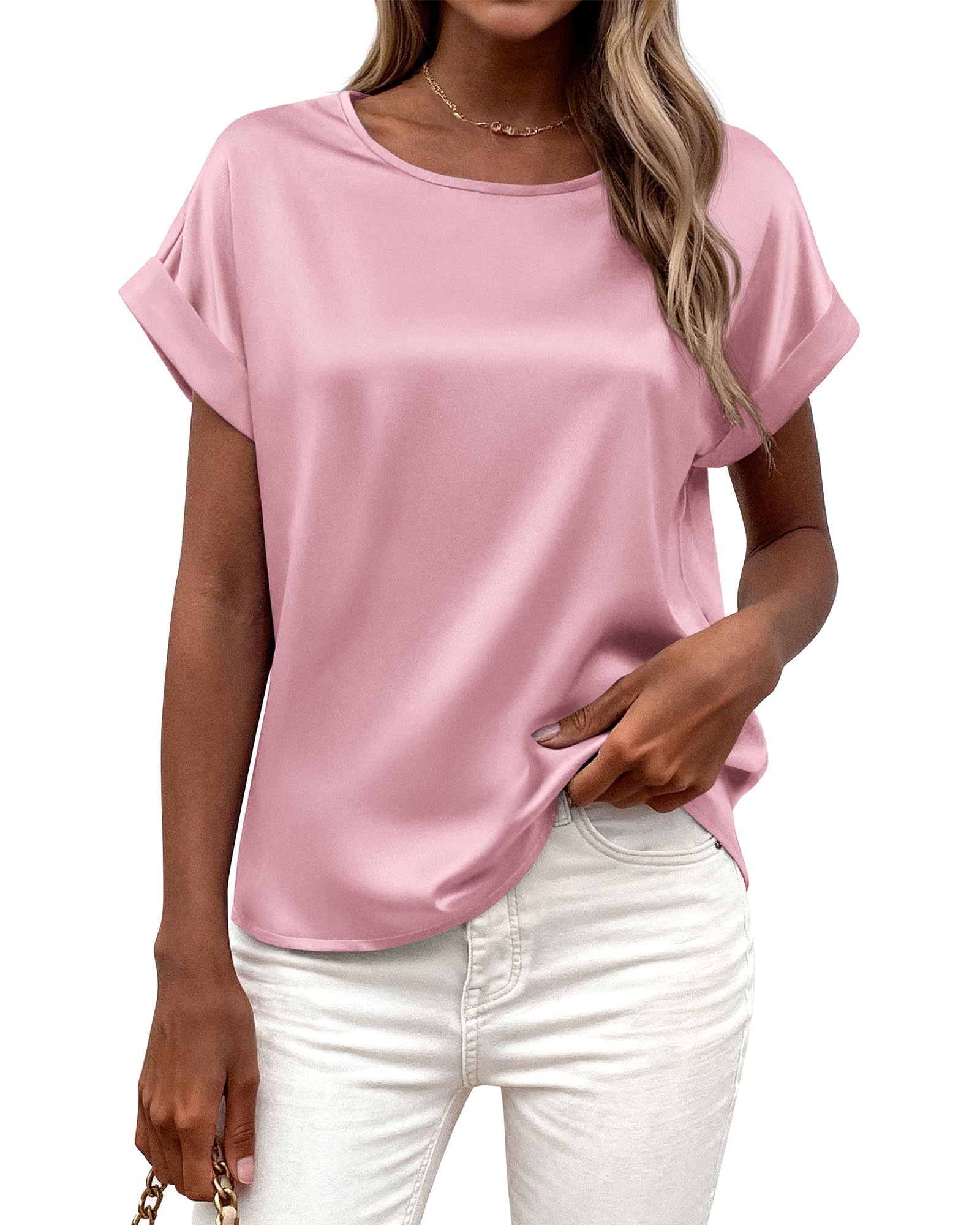 BTFBM Womens Summer Tops 2026 Satin Crewneck Short Sleeve Shirts Work Business Outfits Spring Blouses Dressy Casual