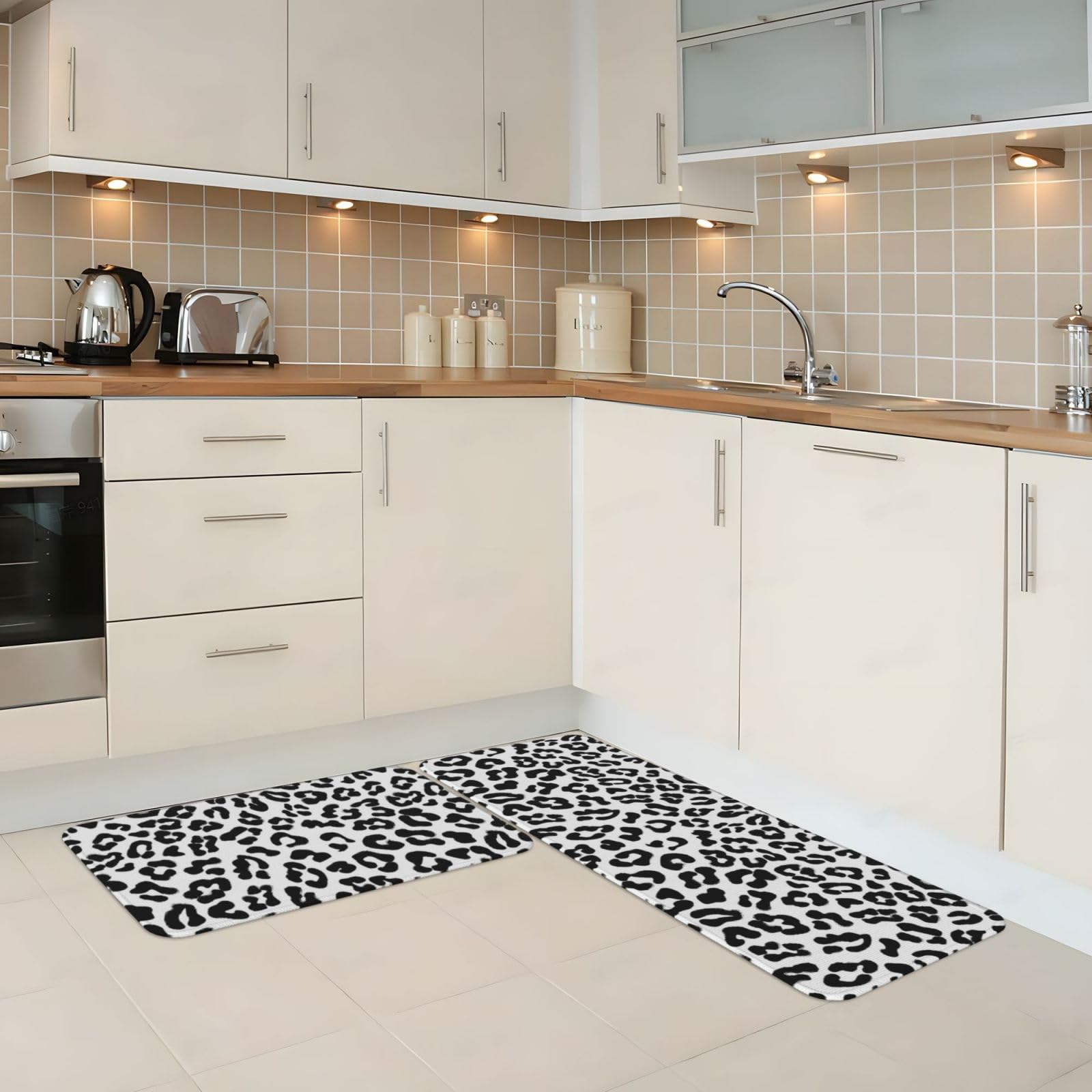 GVYGVY Antifatigue Kitchen Mats for Floor 2 Piece - White Black Leopard Fashion Print Kitchen Rugs Washable, Non Slip Runner Rug Standing Mat for Office/Bathroom/Laundry/Home Decor and Accessories
