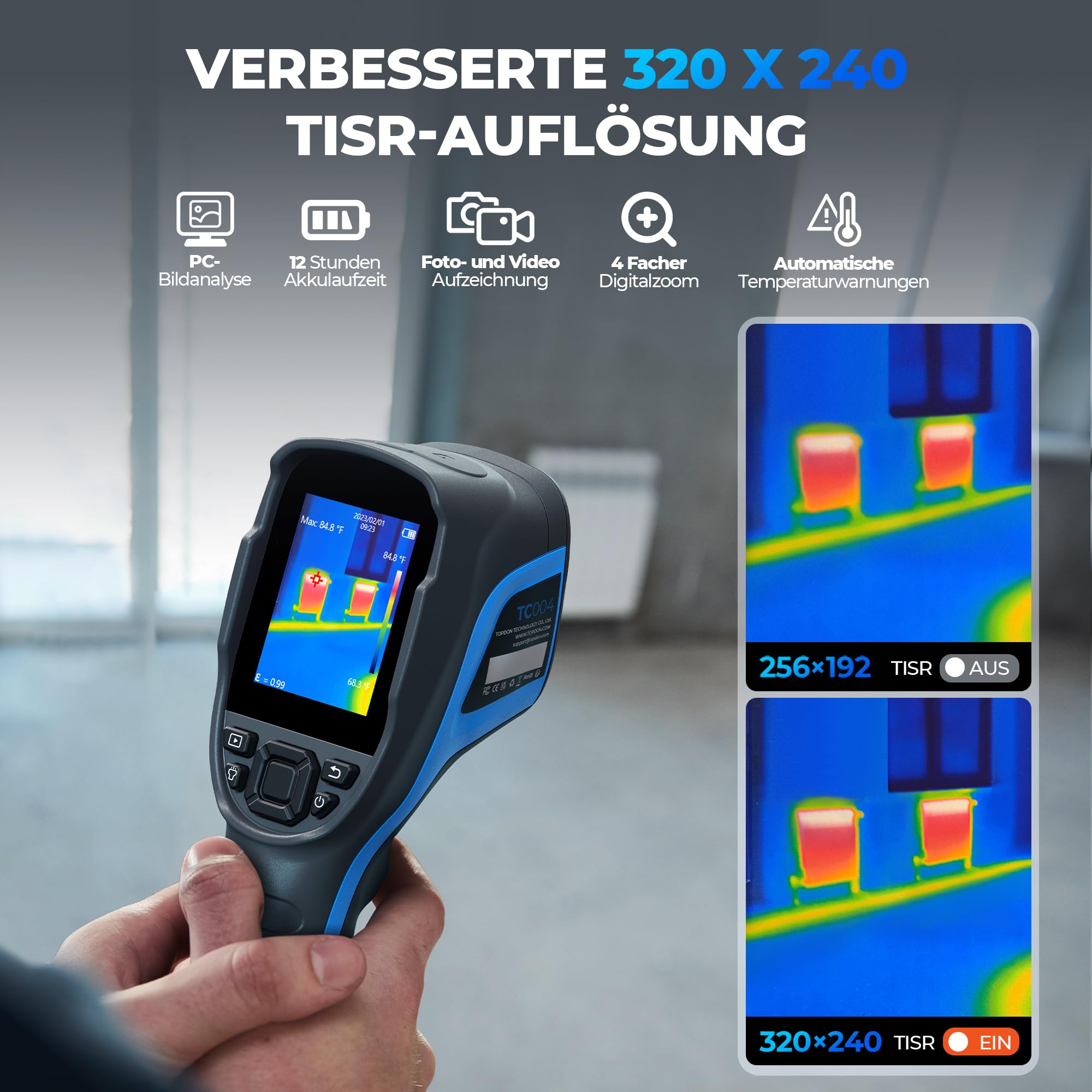 TOPDON TC004 Wärmebildkamera, 320x240 TISR Auflösung Infrarot Kamera, 12 Stunden Akkulaufzeit Thermal Camera mit Videoaufzeichnung und PC-Analyse, 16GB SD-Karte, Temperaturbereich –20°C bis +350°C