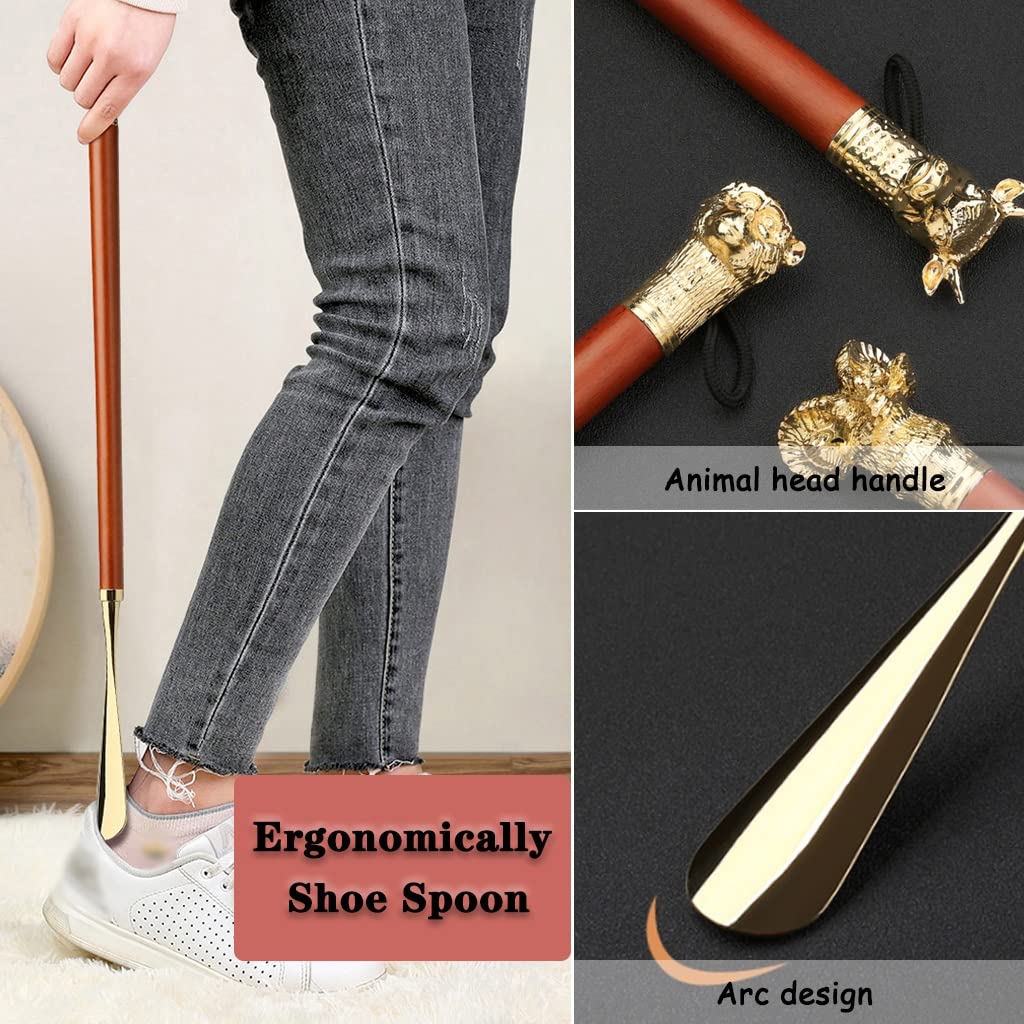 Calzador de mango largo para personas mayores, levantador de zapatos resistente de aleación de zinc con diseño de cabeza de animal, ayuda ligera para zapatos, incluye bolsa de algodón (color: rojo