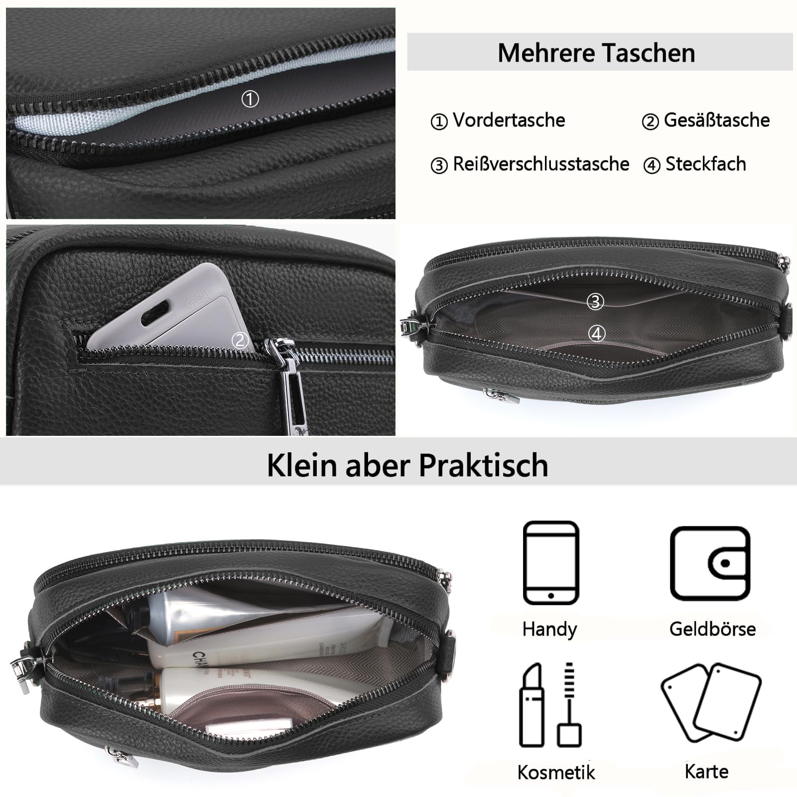 TIAASTAP Damen Umhängetasche Klein Leder Handtasche Crossbody Bag Crossbag Schultertasche Damen Tasche Moderne Taschen mit breitem Schultergurt und 3 Fächern