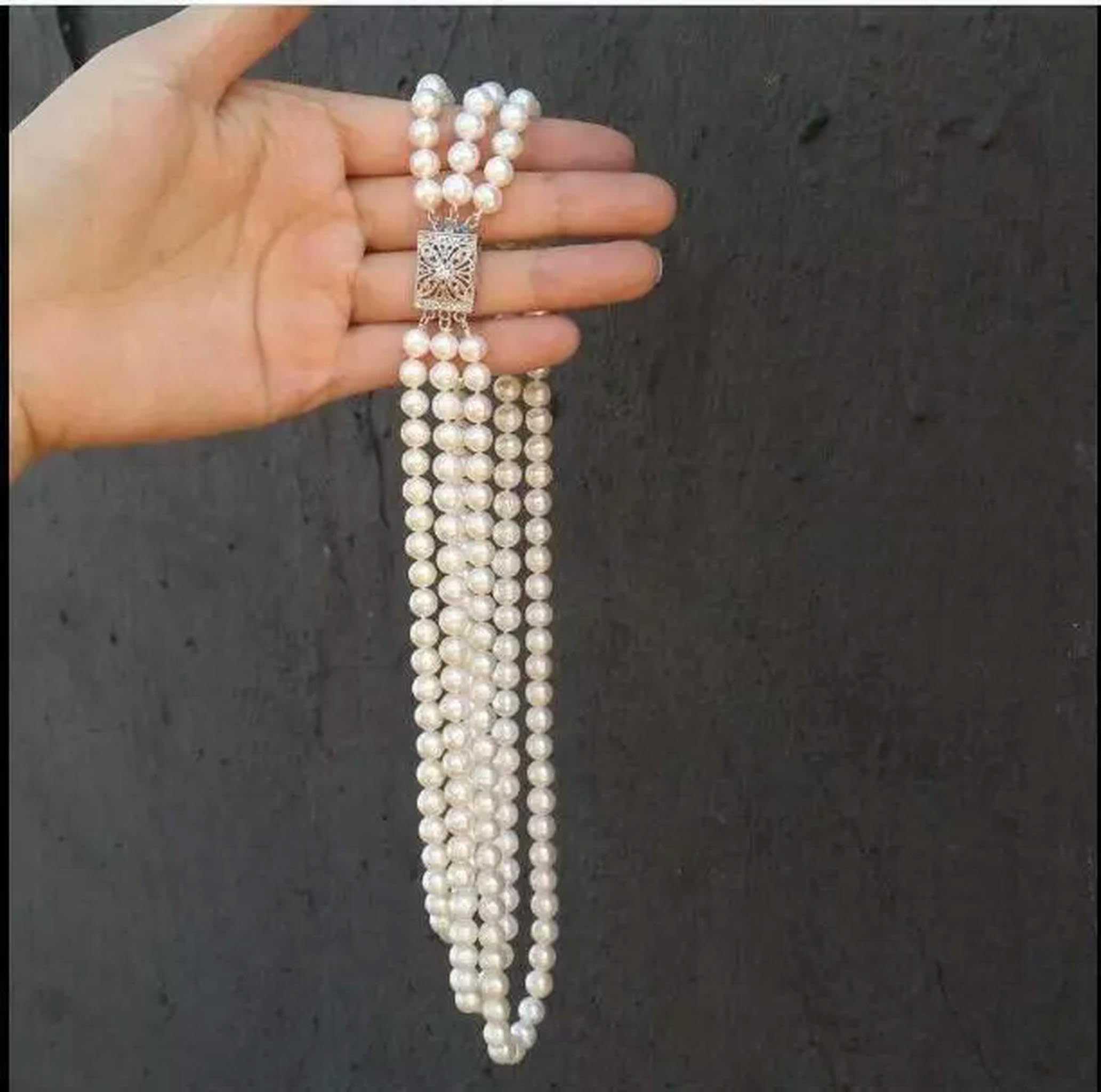 Collar de Tres Vueltas con Perlas Blancas genuinas de los Mares del Sur (AAA), 7-8 mm, 45,7 cm, 48,2 cm y 50,8 cm, Plata 925