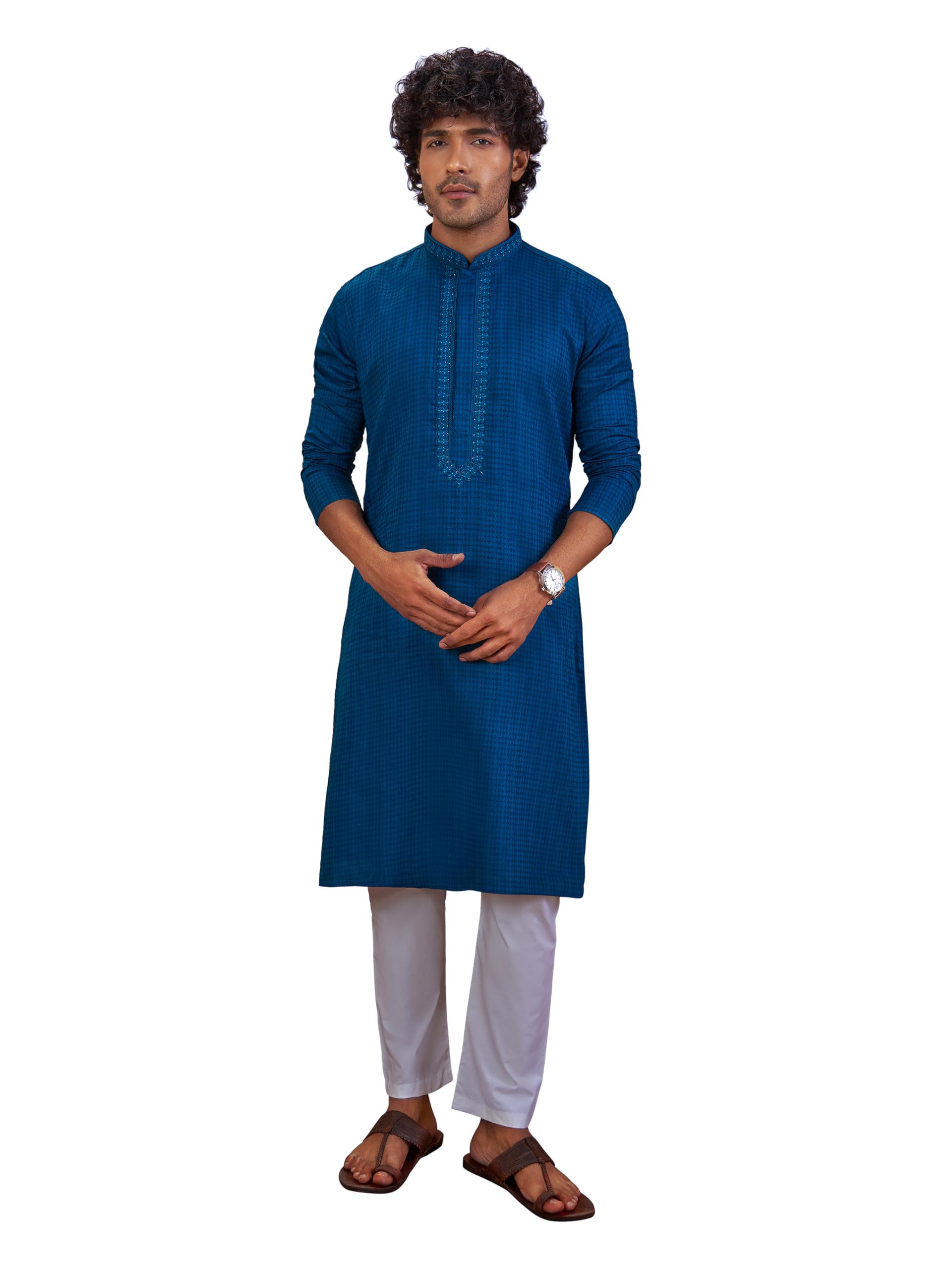 vastramay Men's Cotton Jacquard Kurta with Placket & Collar Embroidery, White Aligarh Pyjama Set - Wedding Festive Outfit-picture-25