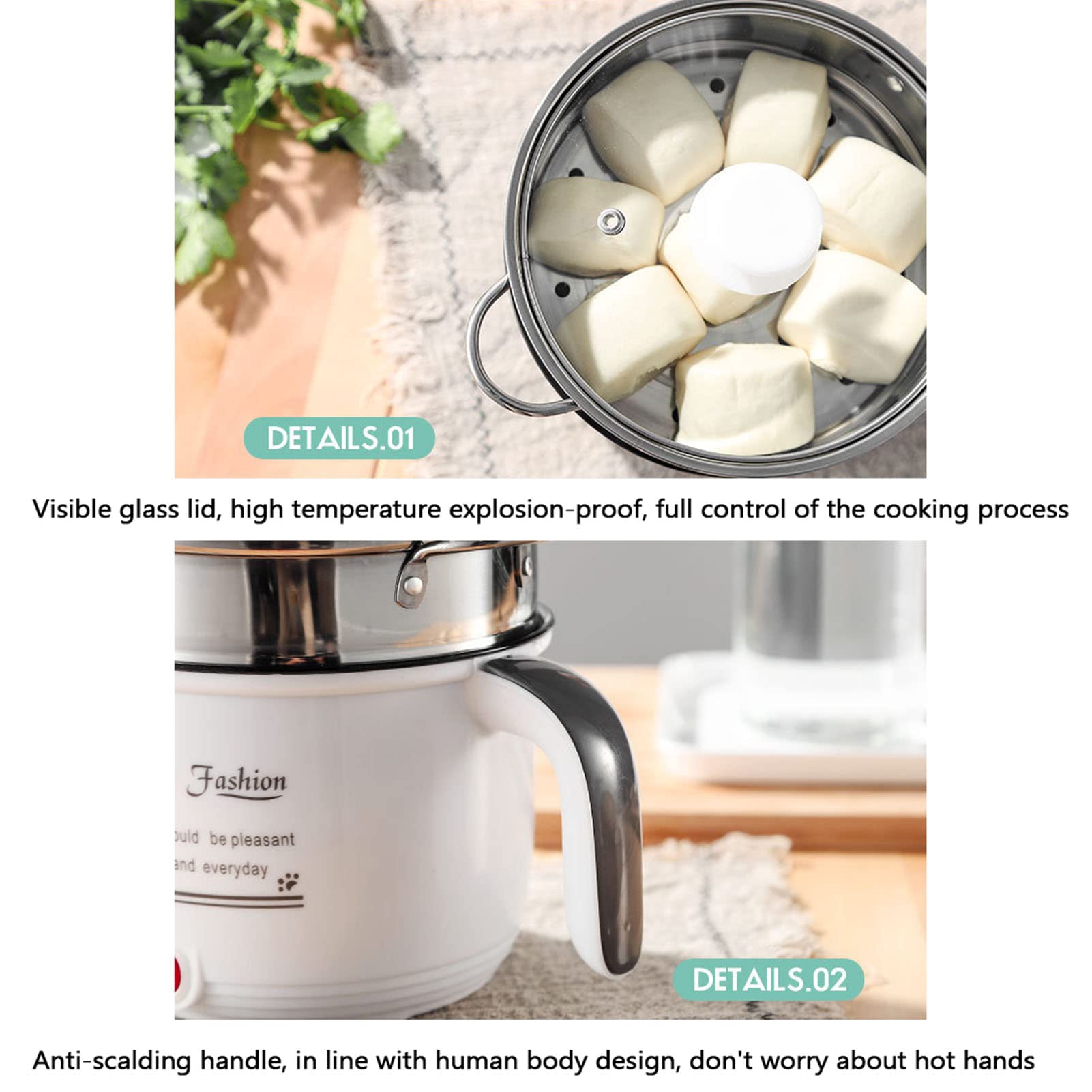 Padella Elettrica, Mini Padella Elettrica Antiaderente con Coperchio, Cuocipasta Rapido da 1,8 L, Fornello Elettrico Multifunzione con Vaporiera, Rosa
