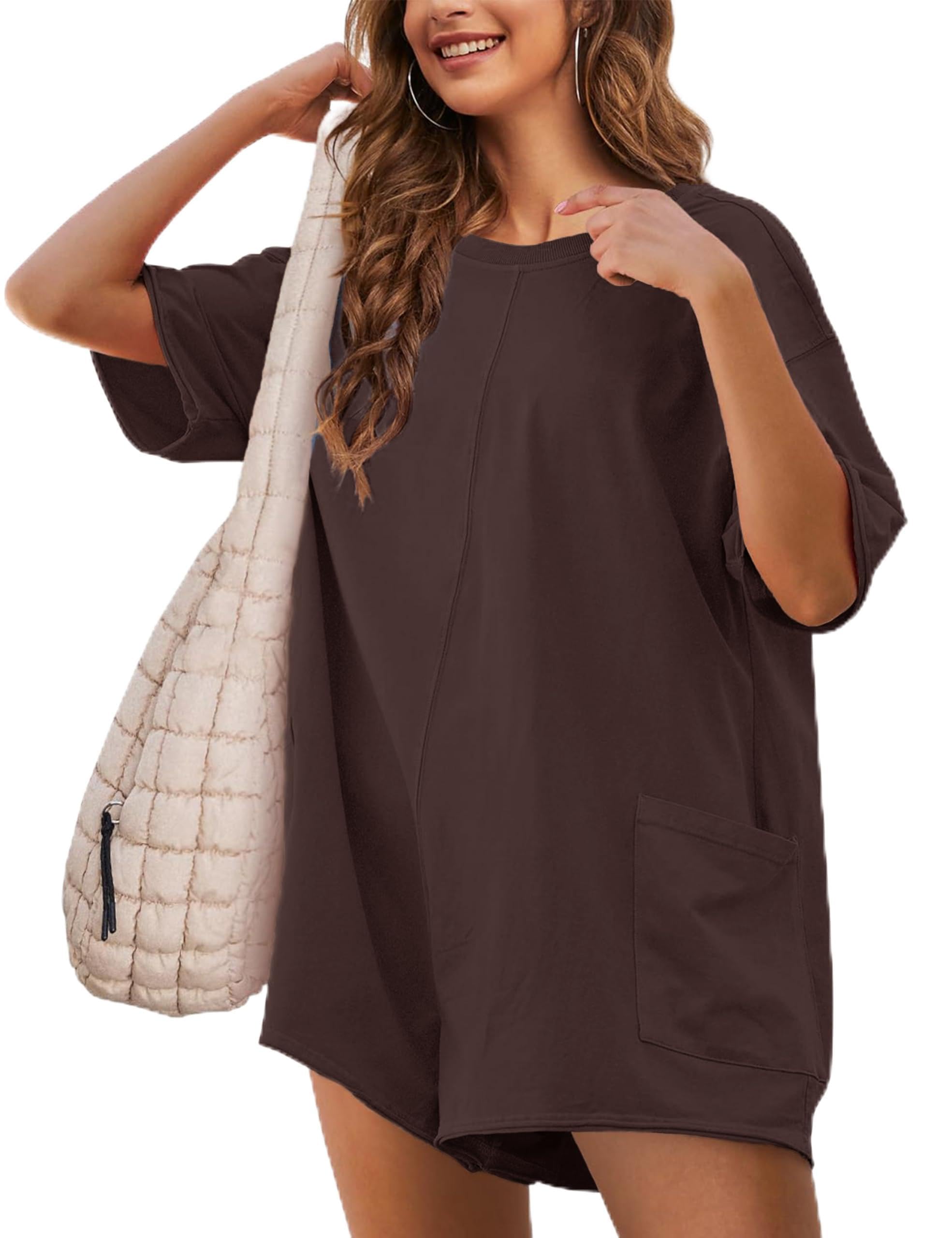 VATEAMIWomen's Oversized Tee Rompers Hot Shot One Piece Short Sleeve Backless Jumpsuits V Neck Shorts Overalls with Pockets