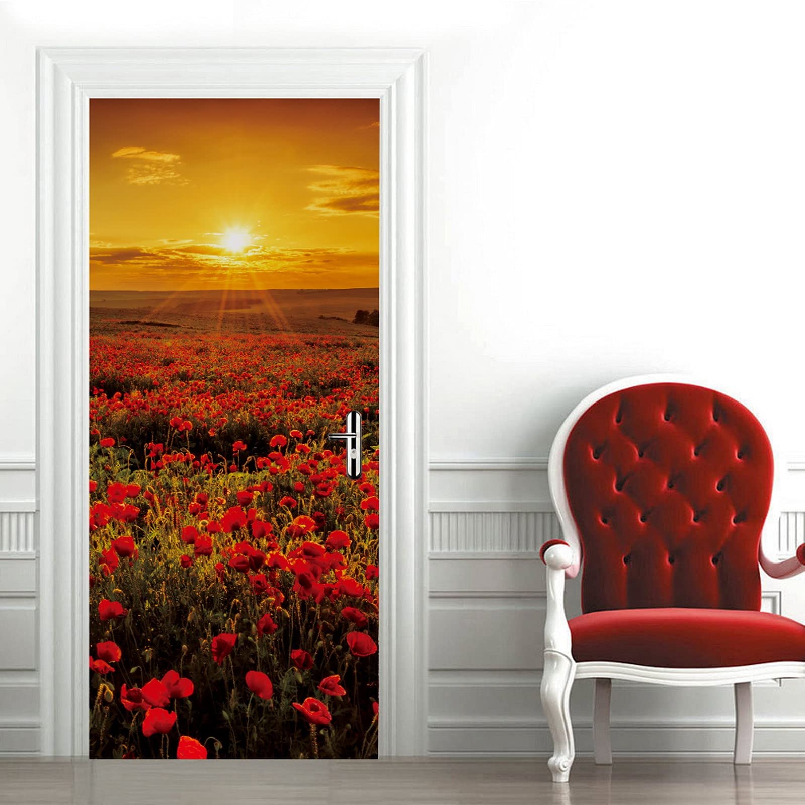 Adesivo Murale Campo Di Papaveri Al Tramonto - PVC Autoadesivo Per Porte E Pareti - Foto 9