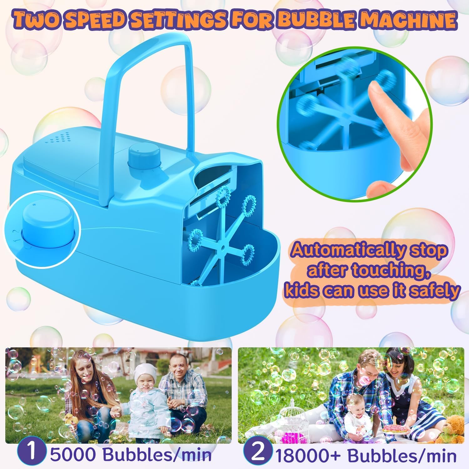 Seifenblasenmaschine, 18000+ Seifenblasenmaschine pro Minute, Gebläse für Kinder, Kleinkinder, 2 Geschwindigkeiten, 6 Stäbe, batteriebetrieben oder steckbar, für drinnen und draußen, Geburtstag, Party
