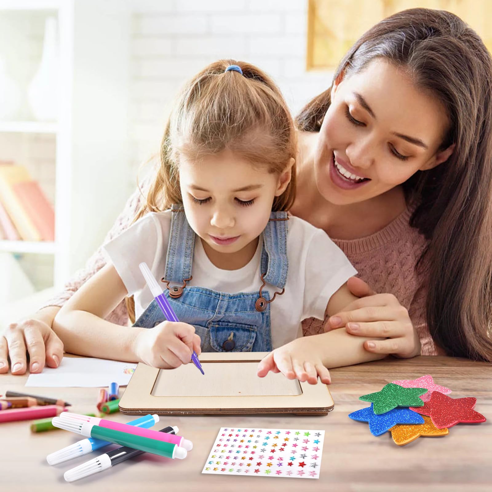 6 Pièces DIY Cadre Photo pour Enfant, Bricolage Cadres Photos, Kits de Cadres Photo en Bois, 15 x 20 cm DIY Cadre Photo Kits avec Autocollant en Forme de Diamant et Crayons de Couleur