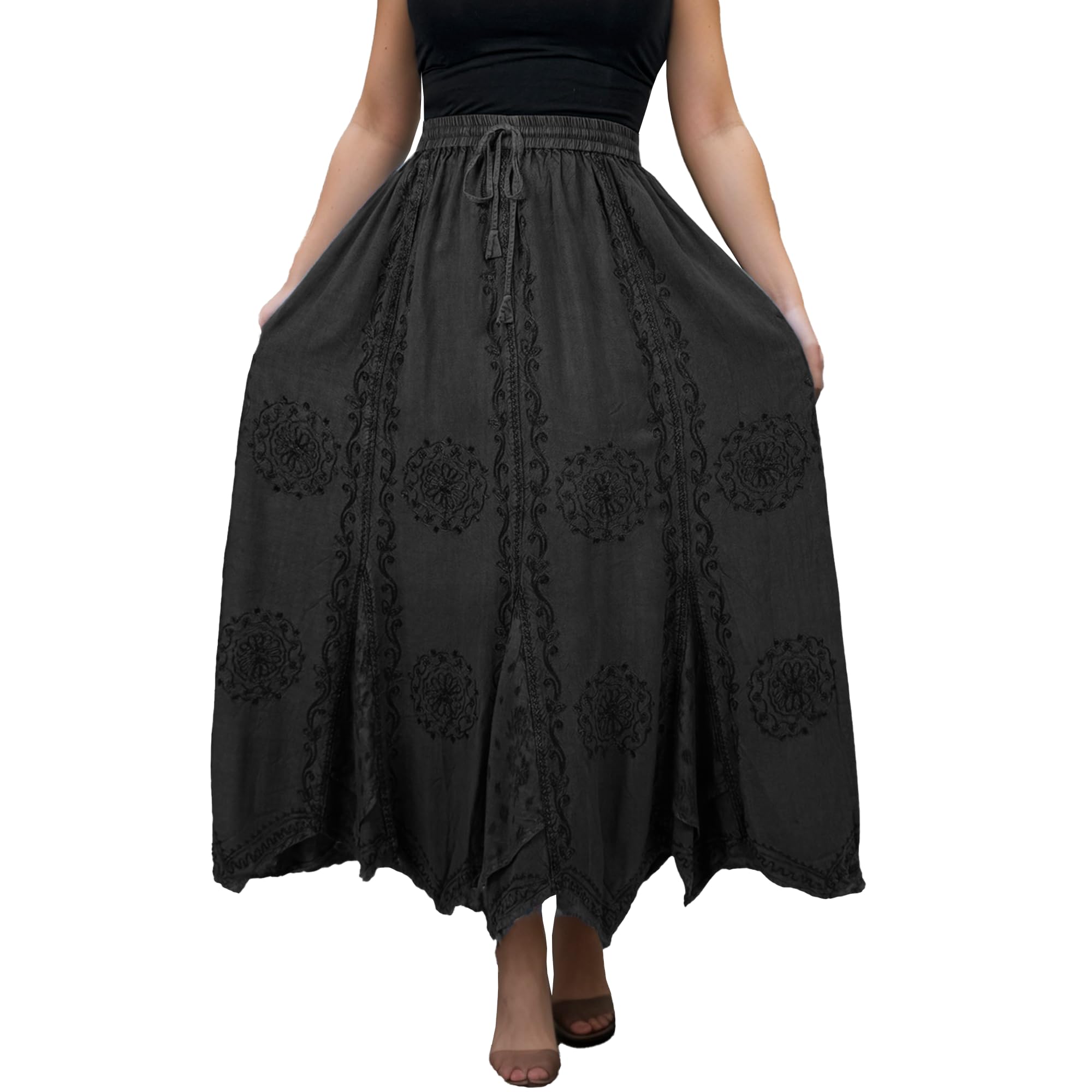 Agan Traders Women's Bohemian Maxi Skirt - Embroidered Floral, Flared Hem, Elastic Waist (Regular & Plus Size) - View #3