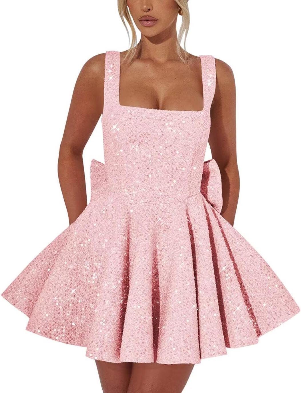 Sequins HOCO Prom Party Dress with Pockets Short Homecoming Dress with Bow for Jonior Square Neck mini Cockatil Ball Gown 22