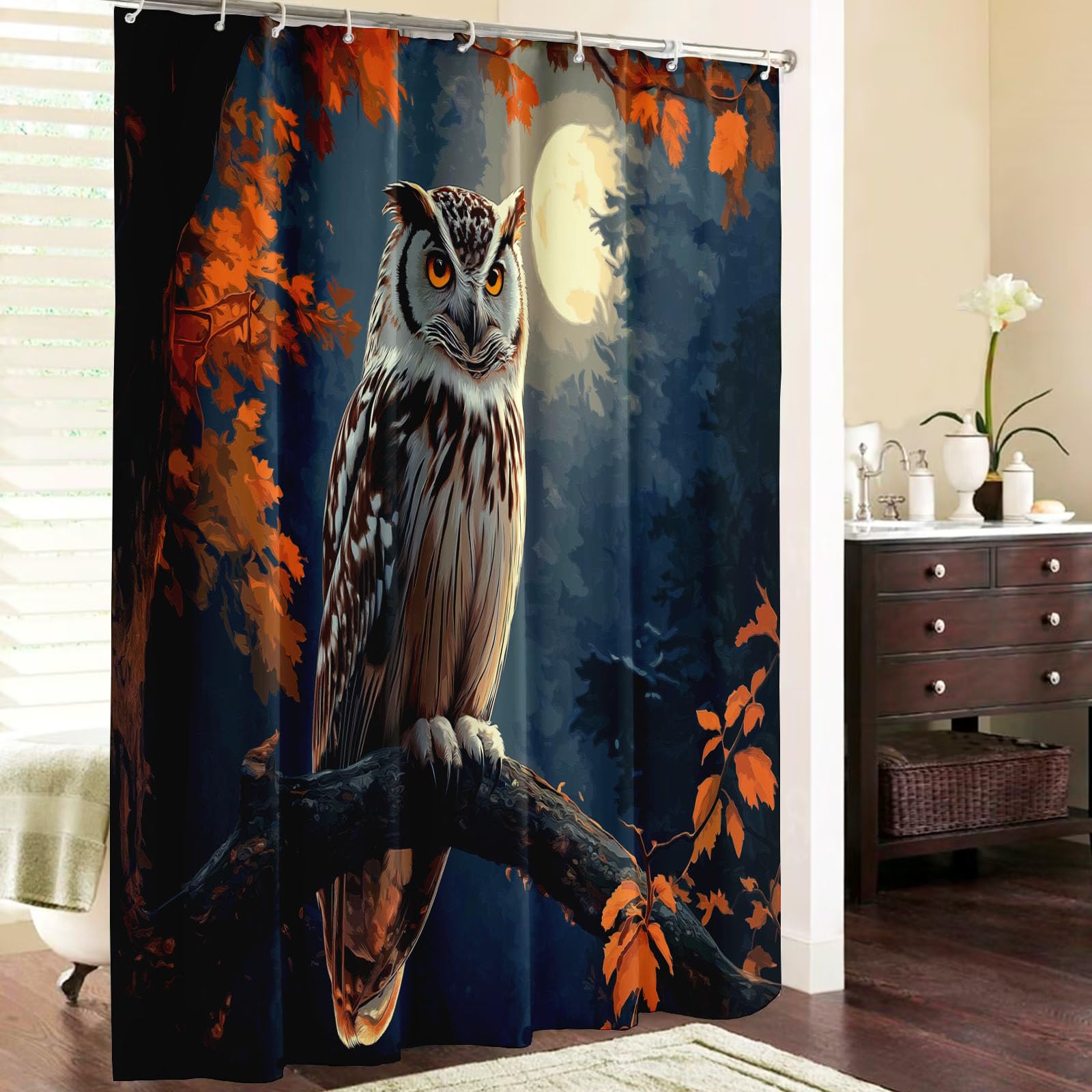 Rideau de Douche, 240x200cm Aquarelle Animaux Rideau de Douche, Branches Hibou Lesté Imperméable,avec 12 Crochets