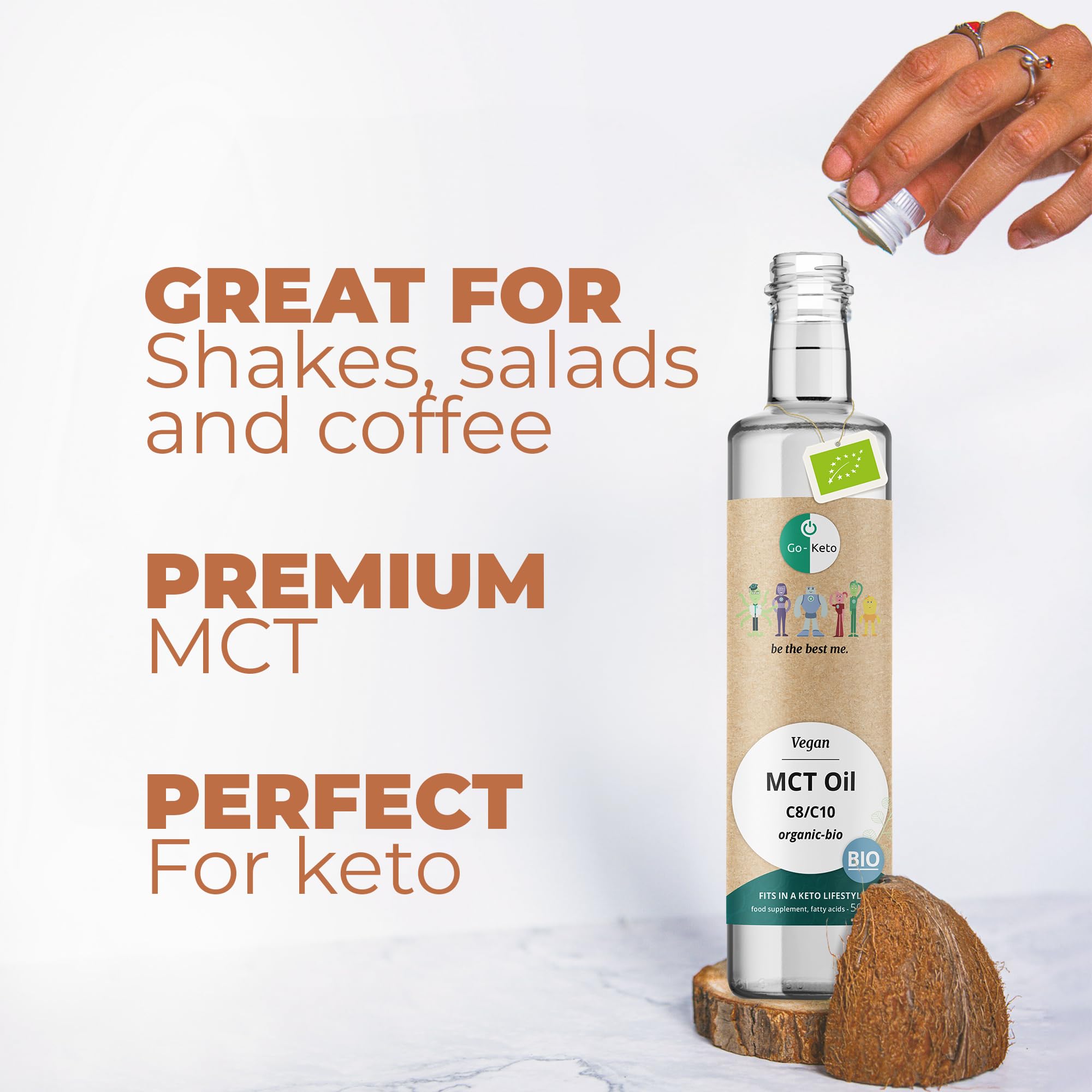 Go-Keto MCT Oil BIO, 500ml - Huile MCT C8/C10 de première qualité à base d'huile de coco BIO, dans bouteille en verre, parfaite pour un régime céto, idéal pour le Bulletproof Coffee, huile TCM