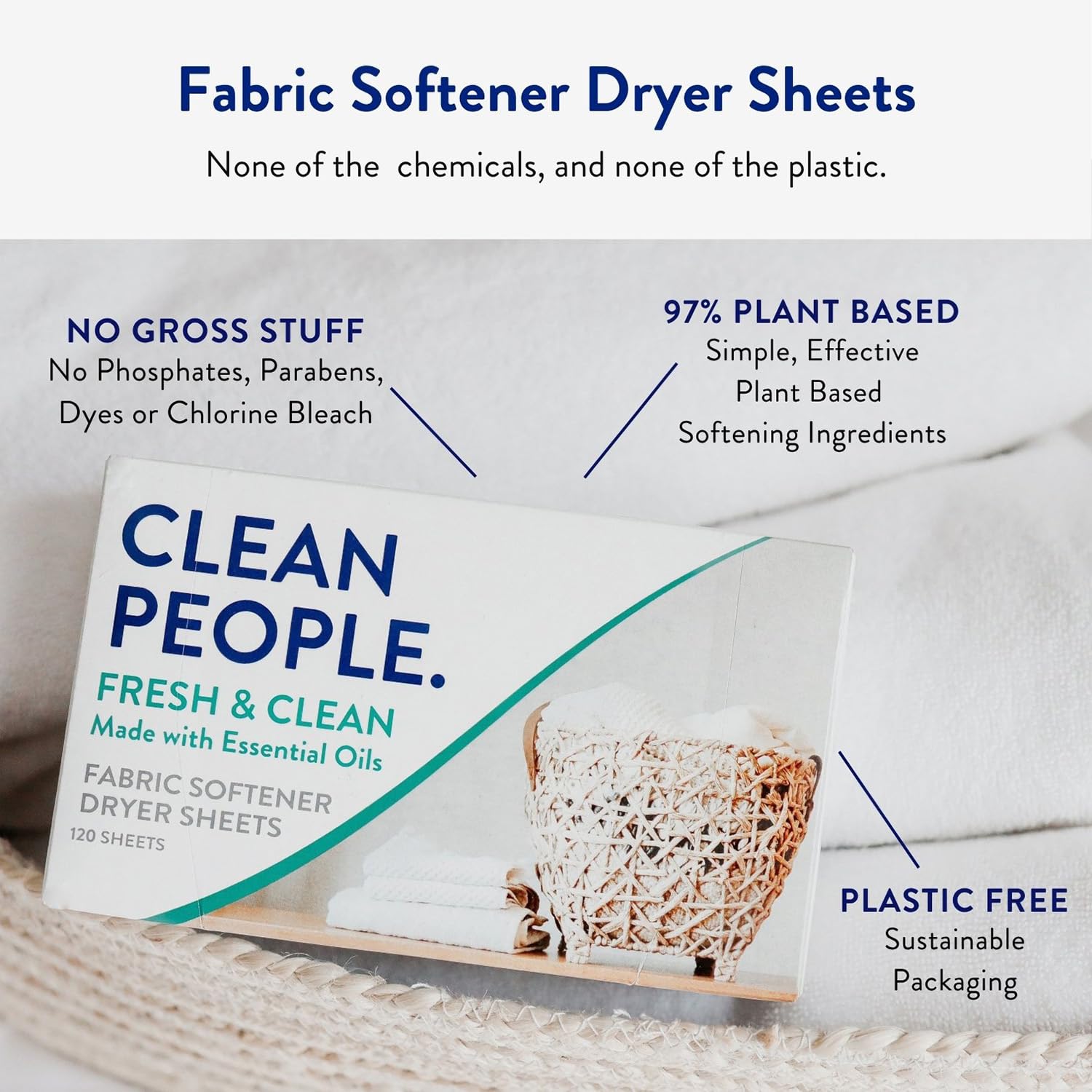THE CLEAN PEOPLE The Clean People - Sábanas suavizantes de tela, sábanas para secadora, suavizan y eliminan la estática, suavizante de ropa vegano con aceites esenciales, aroma fresco, P