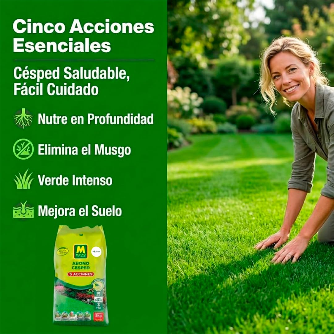 Abono Césped Granulado con 5 Acciones | Aplicación Directa a Mano de Liberación Lenta | Revitaliza y Mantiene Césped | Anti-Musgo, Reverdecedor y Fertilizante | Nexum Market (6 KG)