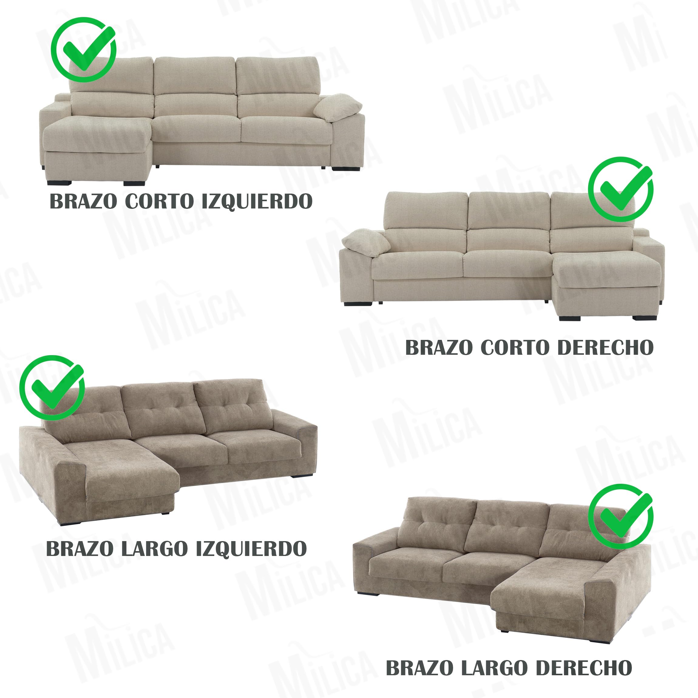 Milica Funda para Sofá Chaise Longue Relax Acolchada | Válida para Brazo Derecho o Izquierdo | Ajuste Asientos Reclinables | Lavable | Hecho en España | Tamaño 240 cm | Color Gris