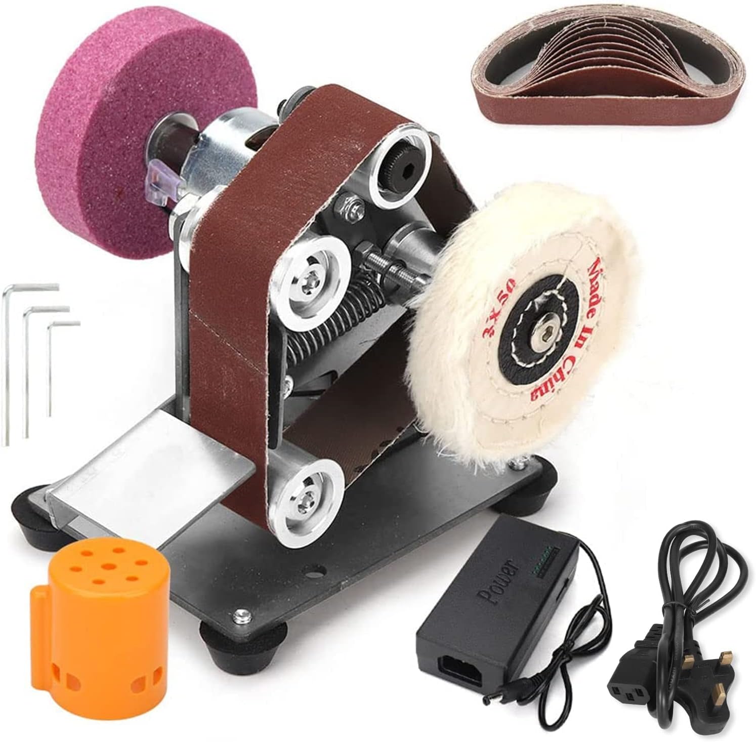 BaiNuo Electric Belt Sanding Machine, Mini Belt Grinder 7 Adjustable Speed Power Sanders with 10pc 330mm*30mm Sanding Belts 2pc Grinding Wheel Polishing Wheel(UK 3 pin Plug Upgrade) 2