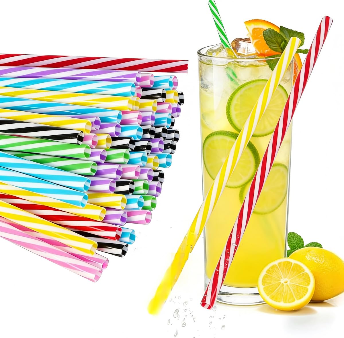 50Pcs Reusable Plastic Straws, Colorful Stripe Hard Plastic Straws, Dishwasher Safe for Family Bar Cafe Restaurant Party