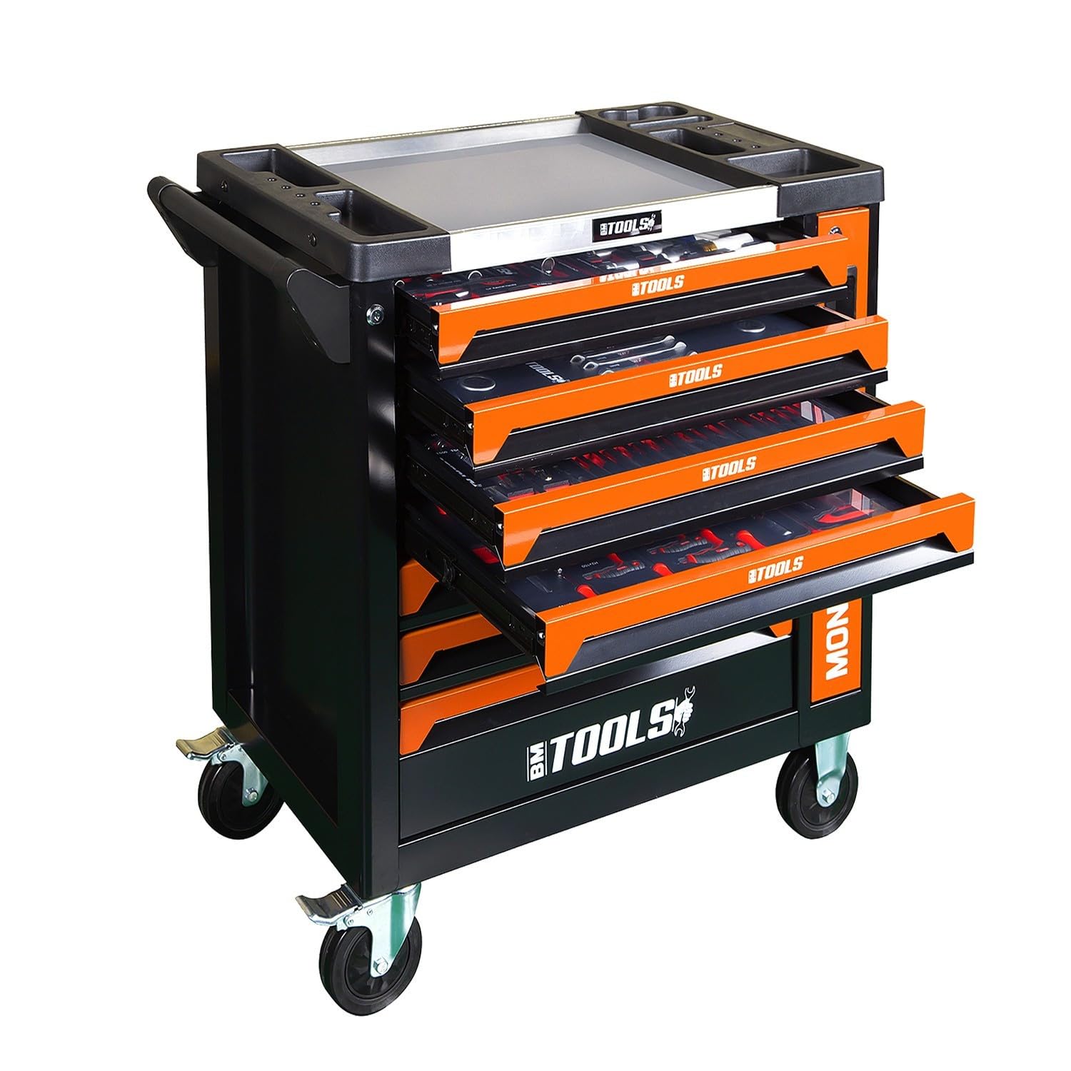 BM TOOLS Servante d'atelier 9/7 Monster-Edition-Orange 7 tiroirs Pleins, 1 Porte & 1 tiroir Vertical - 257 Outils, sur roulettes