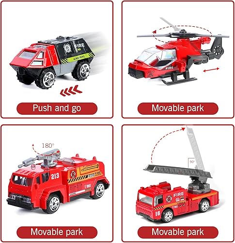 Miniatura 5 de Camión de bomberos de juguete para niños, 6 piezas fundidas a presión, 20 calcomanías para camión de bomberos, helicóptero, camión de escalera,
