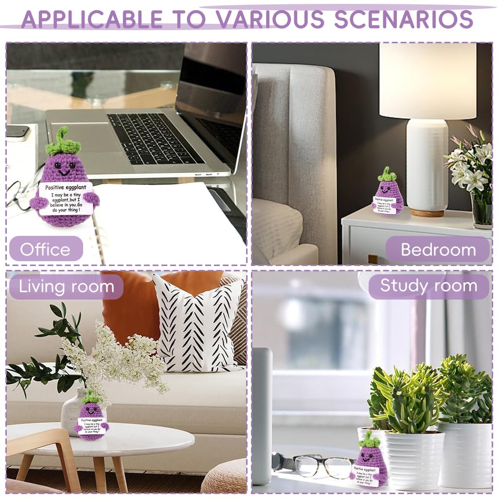 Zibuyu® Handmade Crochet Eggplant Toy Desk Decor with Positive Message Card 4