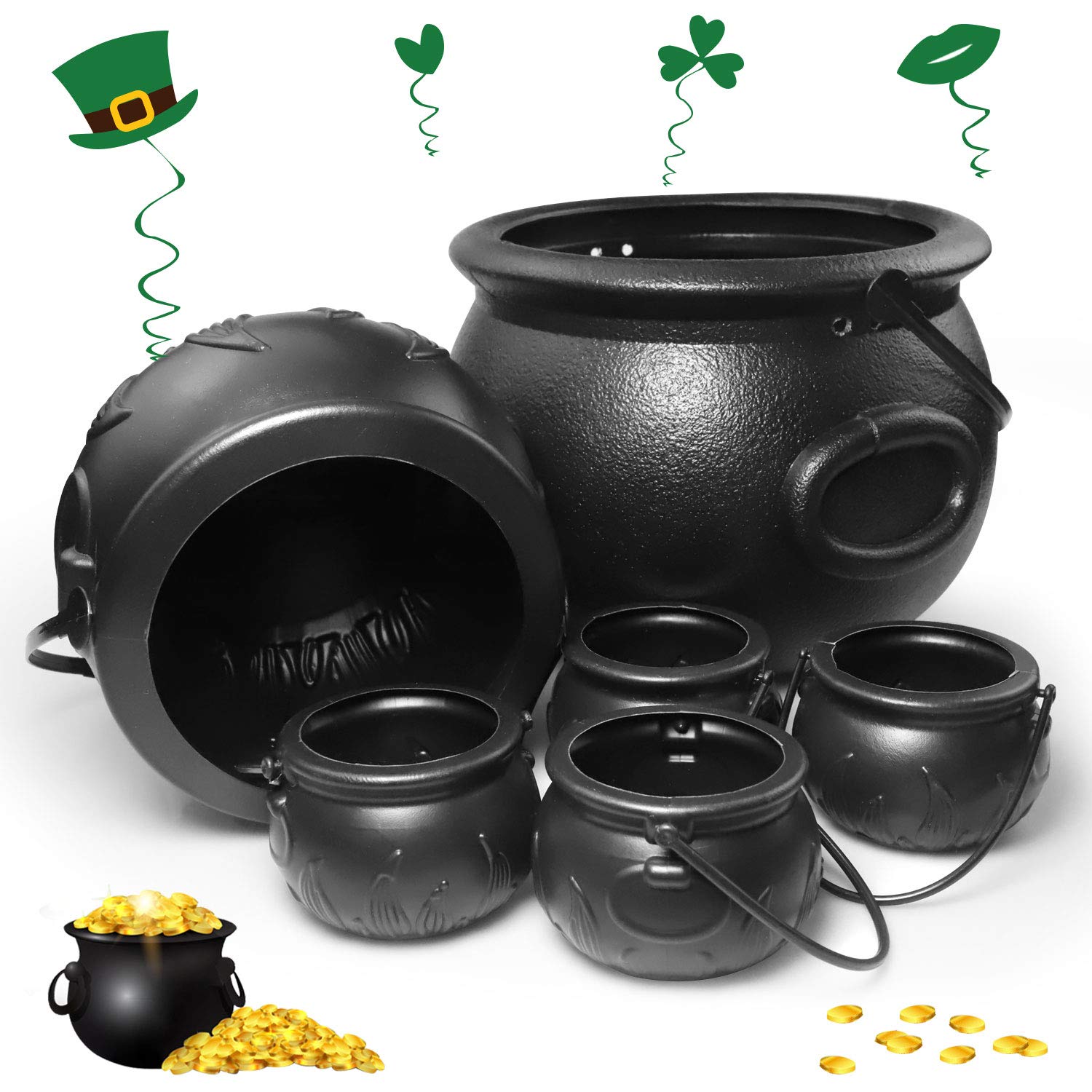 6 Pcs Plastic Cauldron with Handle, St. Patrick's Day Candy Cauldron, Novelty Candy Pot, Mini Black Witch Cauldron Kettles for St Patrick's Day, Halloween, Magical Wizard Party Supplies