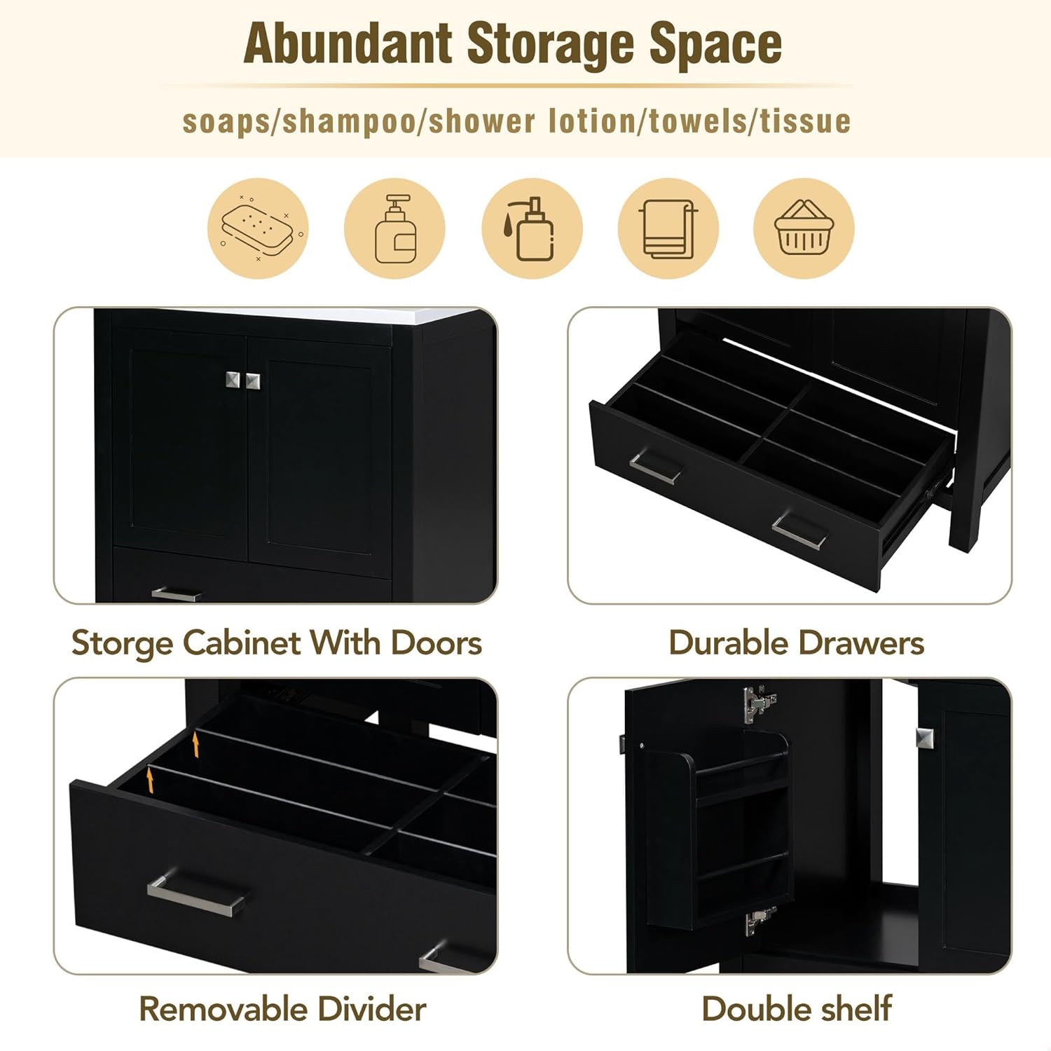 GDFStudio 30" Bathroom Vanity Sink Combo with 1 Drawers & 2 Soft Closing Doors Floor Mount Freestanding Wood Bathroom Storage Cabinet Set with Ceramic Basin Sink Top for Small Bathroom Space, Black