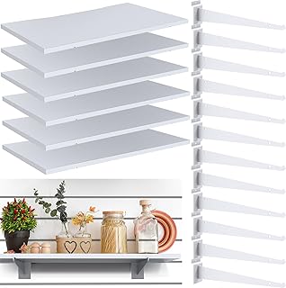 White Slatwall Shelf, 24" x 12" Wooden Slat Wall Shelves with Metal Brackets Heavy Duty Slatwall Shelving Organizer Accessories for Home Garage (6, 23.6" x 11.8")