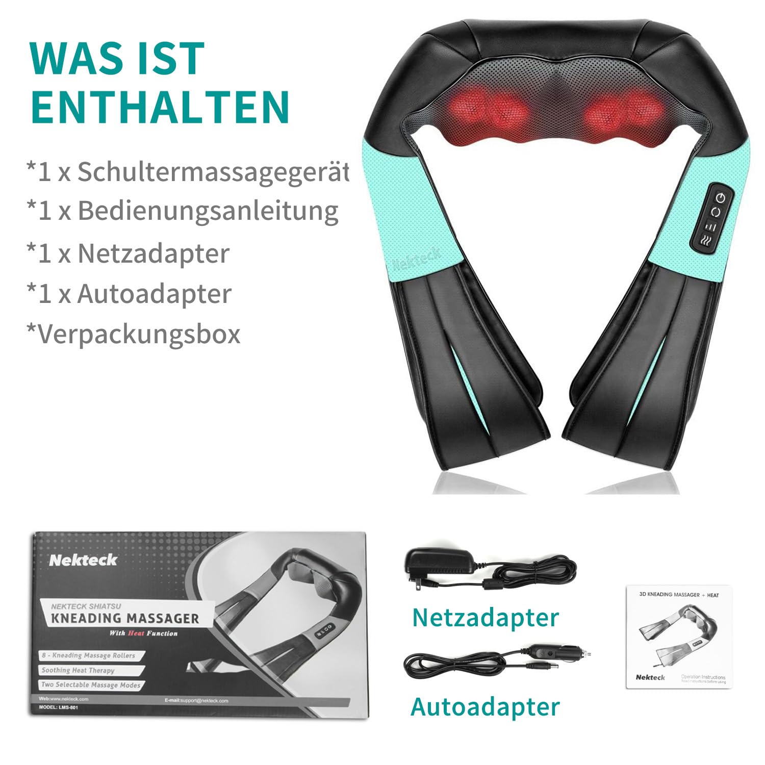 Nekteck 3D shiatsu nackenmassagegerät mit wärme, massagegerät nacken schulter, Tiefengewebe rückenmassagegerät um Muskelschmerzen zu lindern, verwenden Sie es für Nacken, Schulter, Rücken, Füße