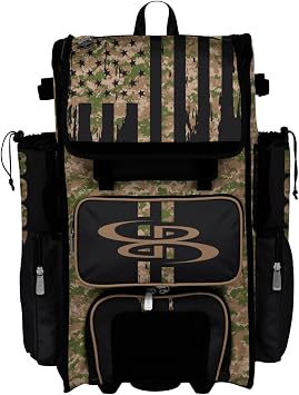Boombah Superpack Hybrid Rolling Bat Bag - Wheeled & Backpack Version - USA Tribute Olive Drab/Teak Brown/Black