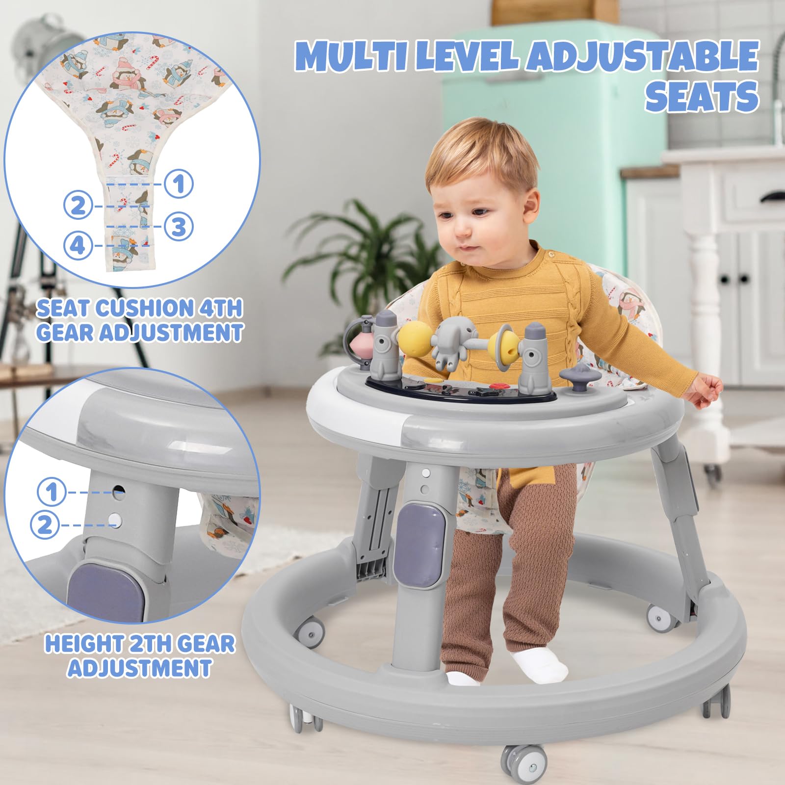 Girello per Bambini 3 in 1,Carrellino Primi Passi,Girello Pieghevole con Vassoio/Centro Giochi,Primi Passi per Bambini 6-18 Mesi,Ruote Silenziose a 360°