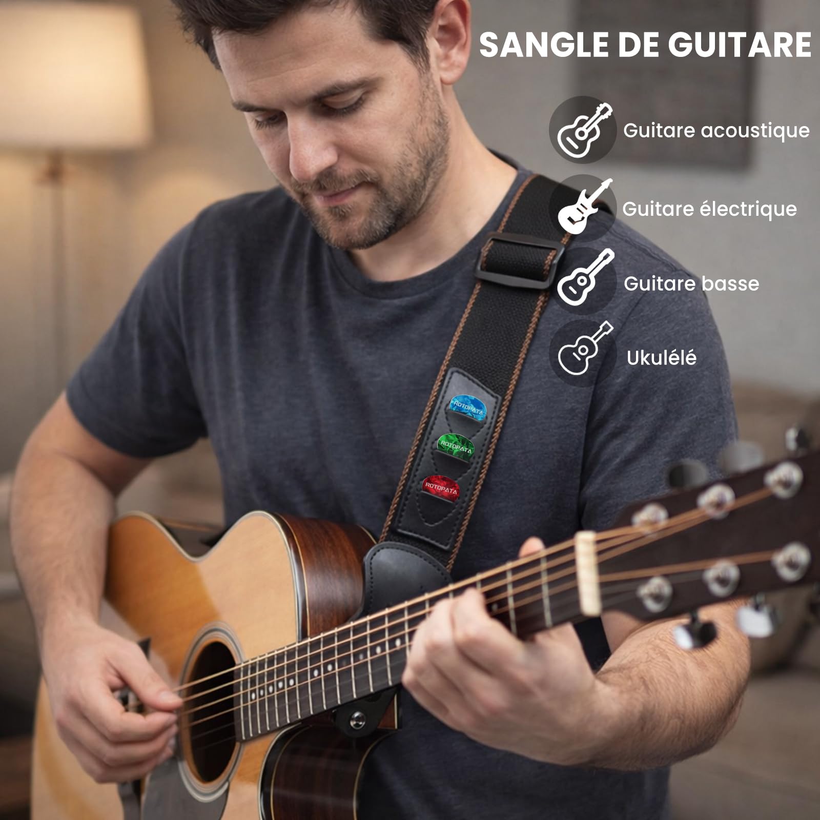 ROTOPATA Sangle de guitare avec porte-médiators, 2 boutons, 2 serrures, 3 médiators de guitare, sangle en coton avec extrémités en cuir, longueur réglable