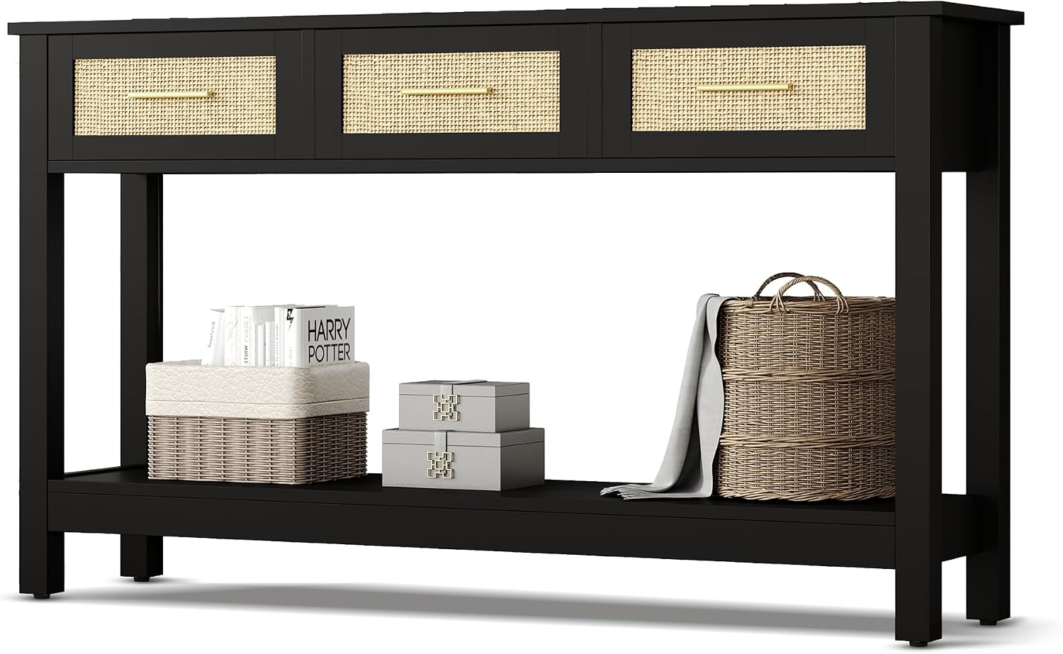 JASIWAY Black Rattan Console Table with 3 Drawer, Wood Entryway Sofa Table Behind Couch with Storage Narrow Modern Furniture for Living Room, Hallway, Foyer Decor