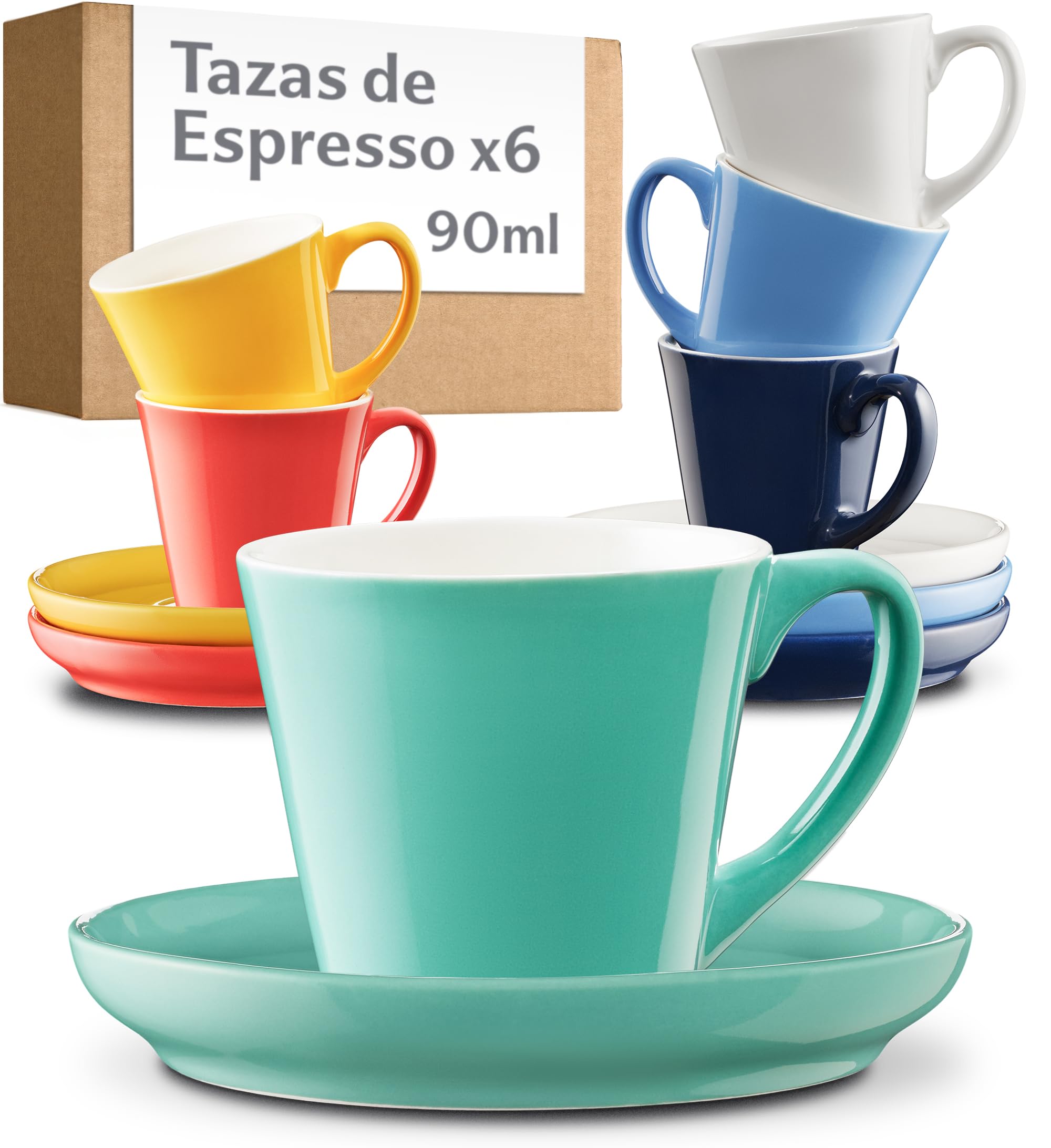 Cosumy Juego de 6 Tazas Cafe Espresso Coloridas con Platos - Cerámica - Apto para Lavavajillas - Con Caja de Regalo - Set Tazas de Cafe - Tazas Cafe con Leche - Taza Cafe/Taza Café, Juego Cafe - 70 ml