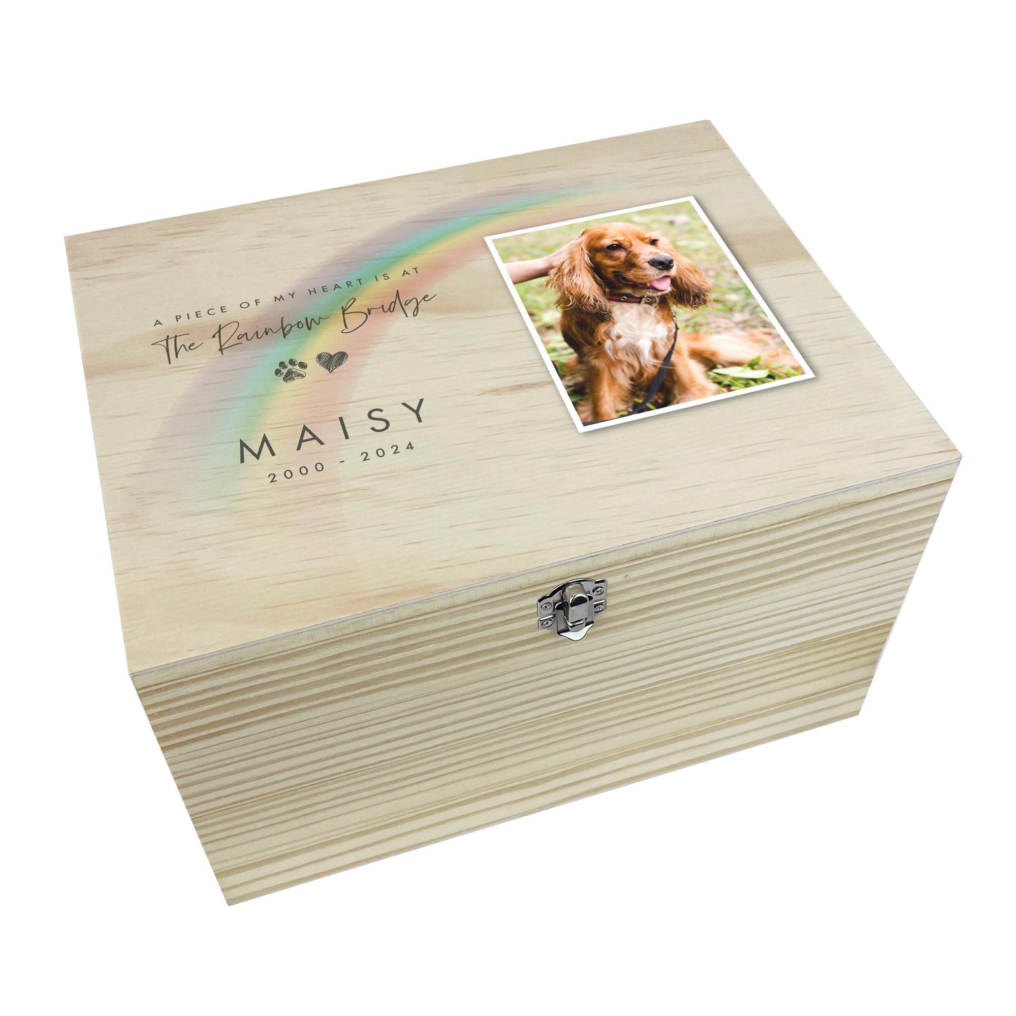 Personalised Wooden Pet Memorial Rainbow Bridge Photo Keepsake Box | Customisable Bereavement Gift for Dog or Cat Remembrance Memorial | Pine Wood with Metal Hinges and Clasp | W30 x D23 x H18cm