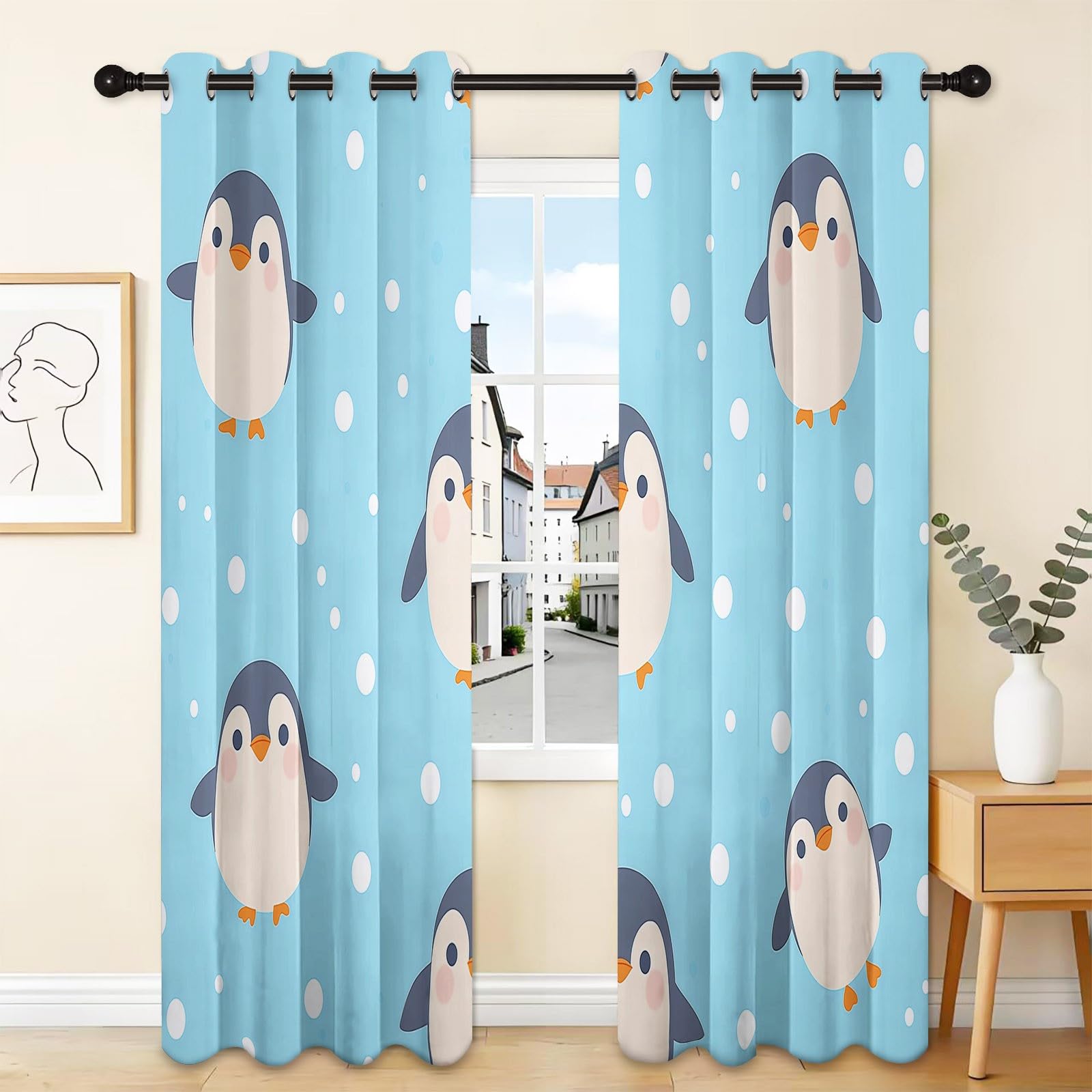 Niebieskie zasłony zaciemniające 117 x 229 cm pingwin z kreskówek z kropkami - grube i miękkie, izolowane termicznie zasłony z tkaniny do salonu, biura lub pokoju, 2 sztuki
