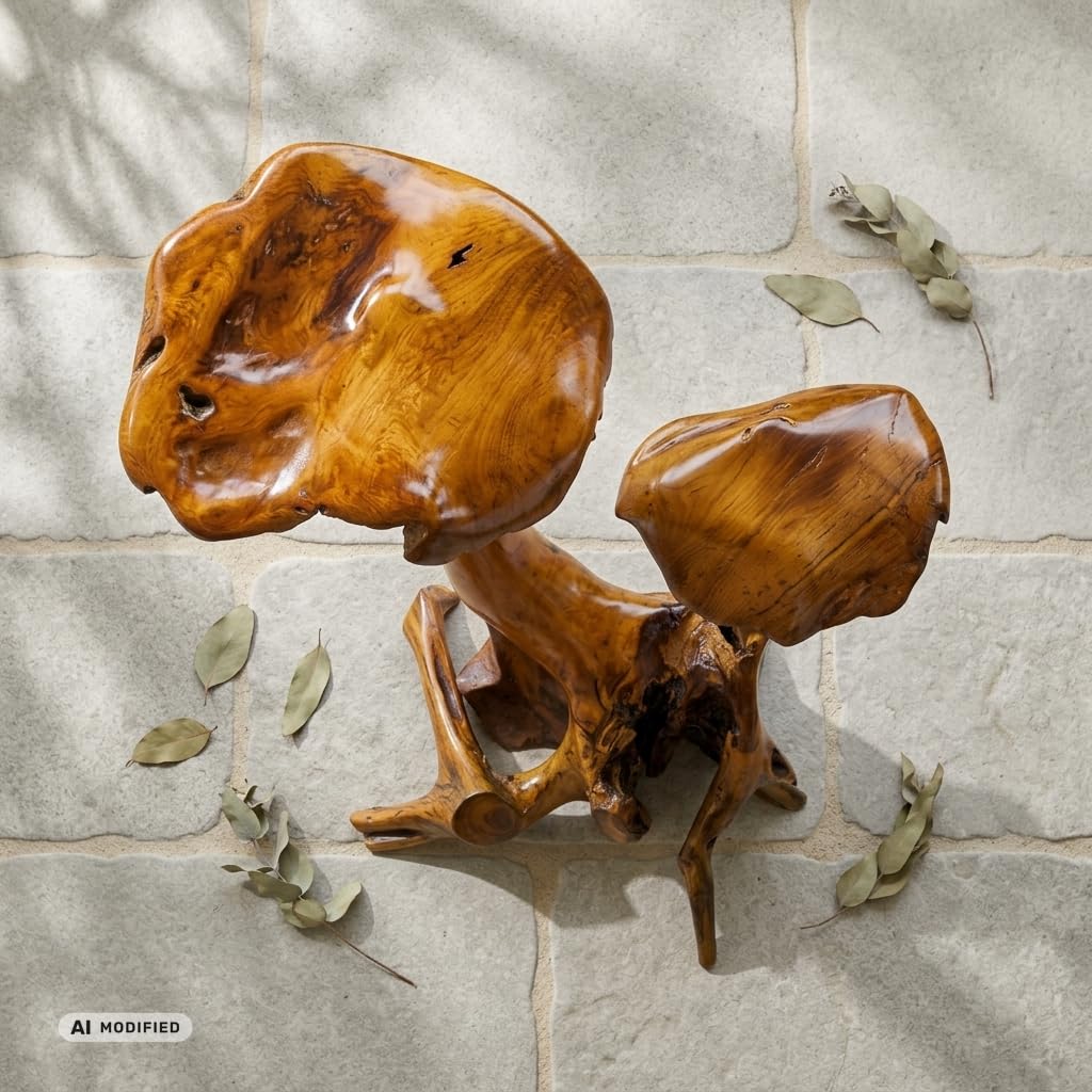 Kinaree 2er Wurzelholz Skulptur Pilz aus Teakholz ca. 45-55 cm – Handgefertigte Holz Skulptur als Garten- & Wohndeko – Massivholz Unikat aus Indonesien