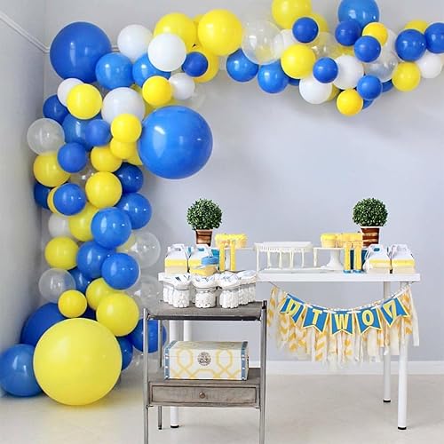 Miniatura 6 de Globos azules y amarillos, juego de globos de fiesta de 12 pulgadas, color azul real, amarillo y blanco, kit de globos de látex de helio para niños,