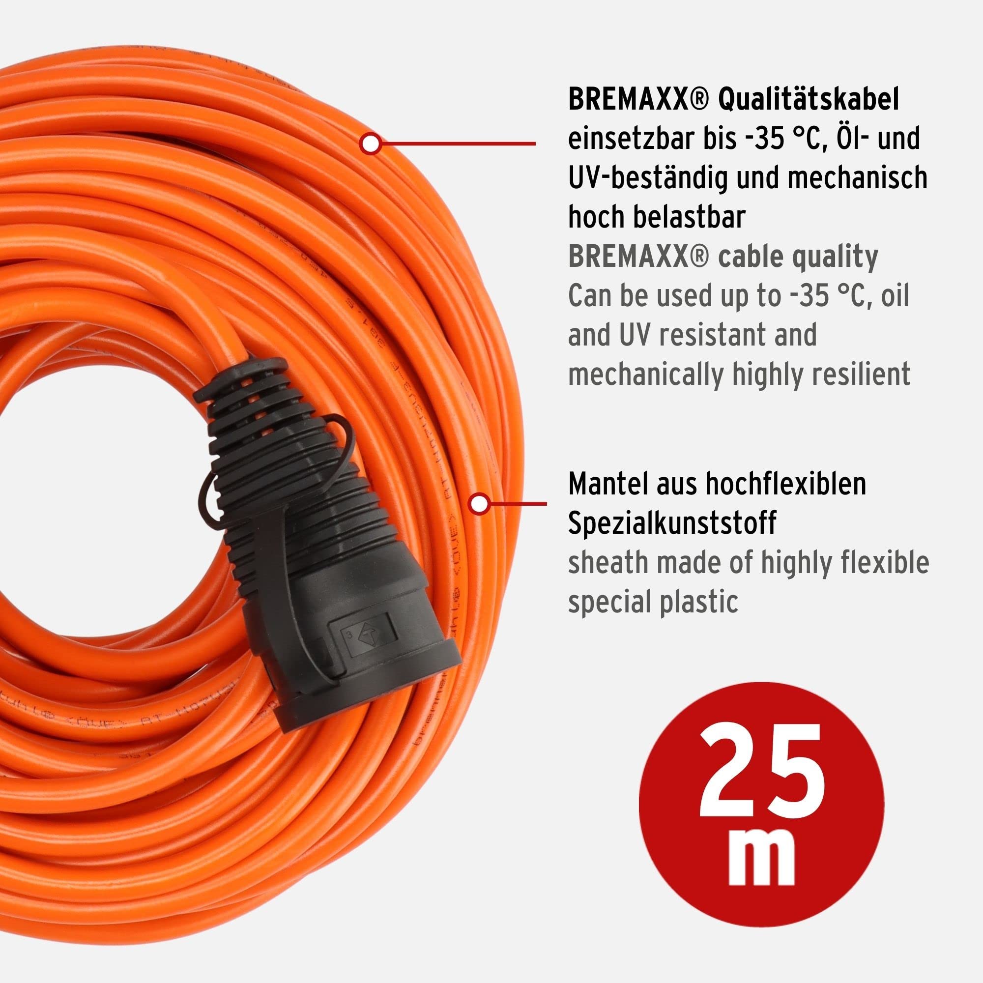 Brennenstuhl Cable alargador Bremaxx® V2 (Cable de 25 m en Naranja, Uso en Exteriores IP44, se Puede Utilizar hasta -35 °C, Resistente al Aceite y a los Rayos UV)